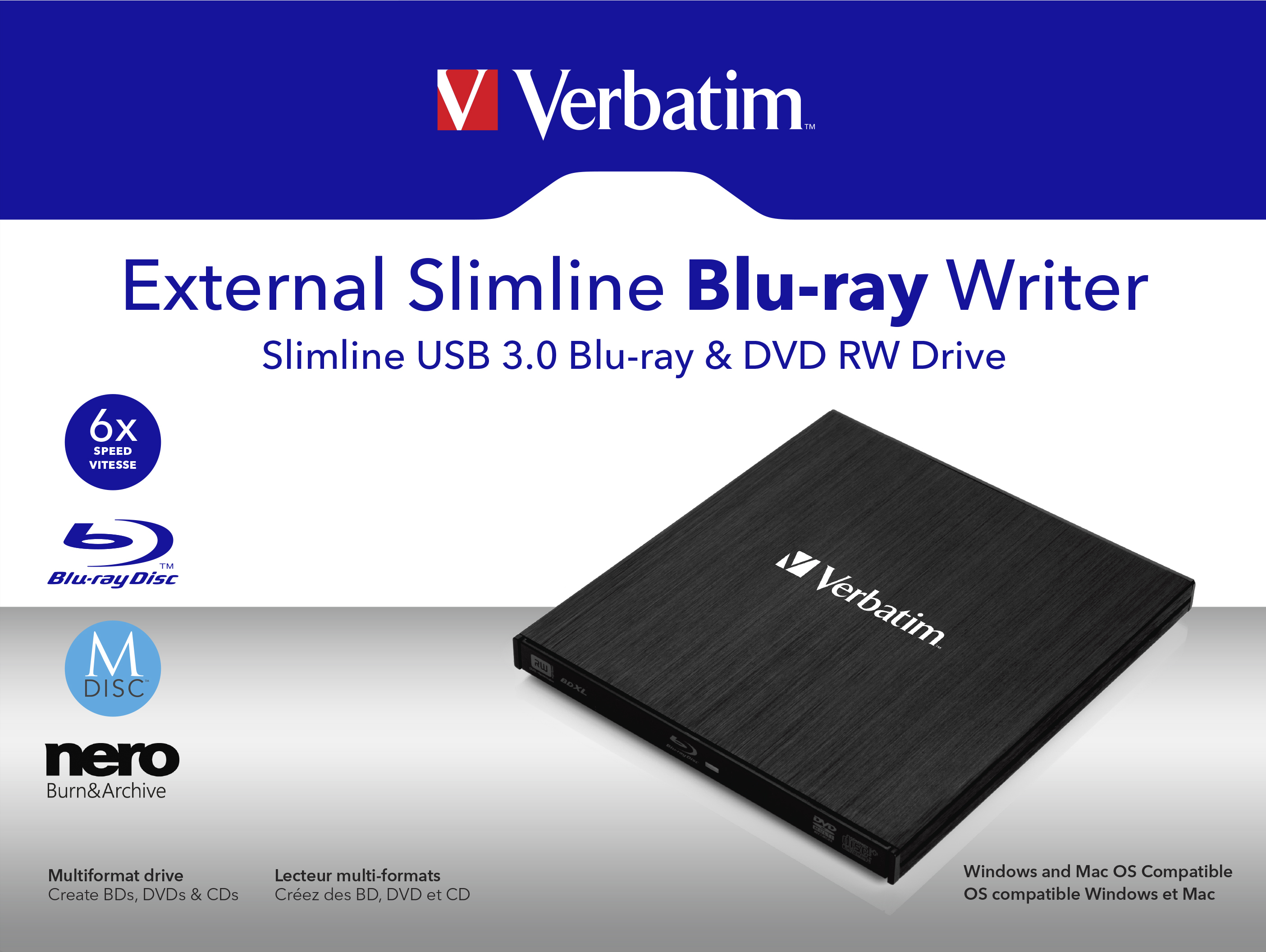 Schwarzer Verbatim Blu-ray-Brenner auf weißem Grund mit Branding und Text zu seinen Funktionen.