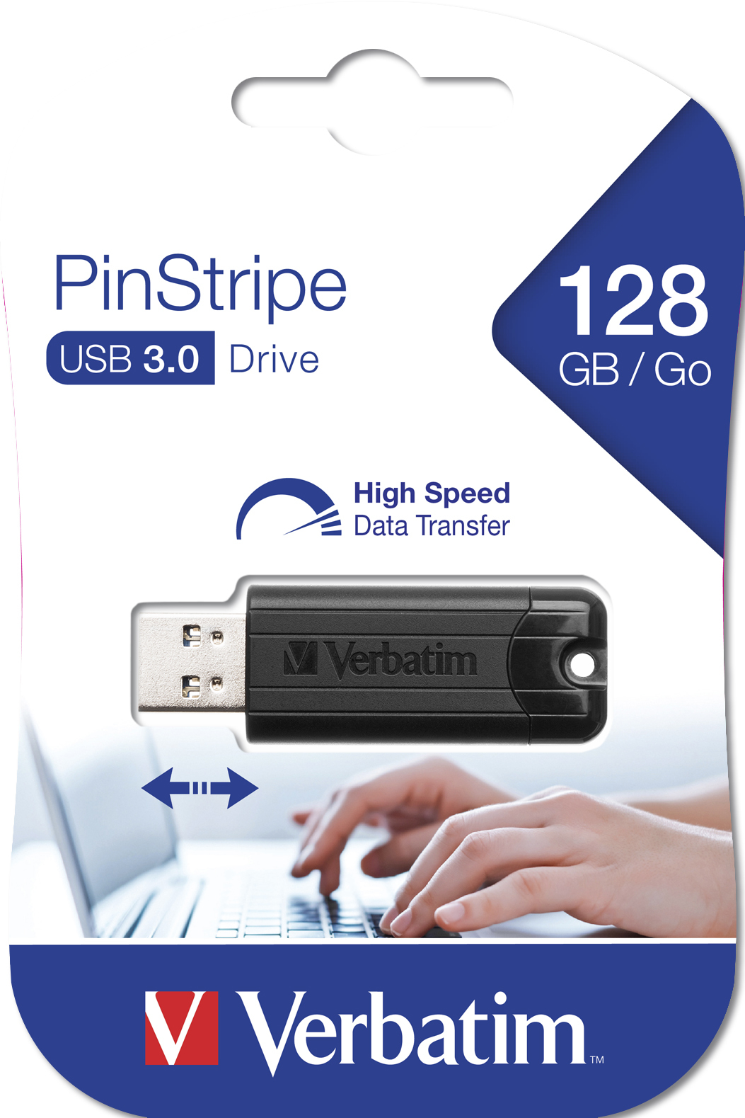 Schwarzer USB-Stick in der Verpackung. Auf dem Stick steht 'PinStripe' und 'Verbatim'.