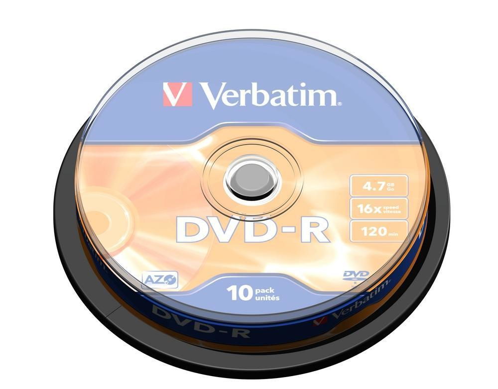 Stapel von Verbatim DVD-R-Discs in einem schwarzen Gehäuse auf weißem Grund.