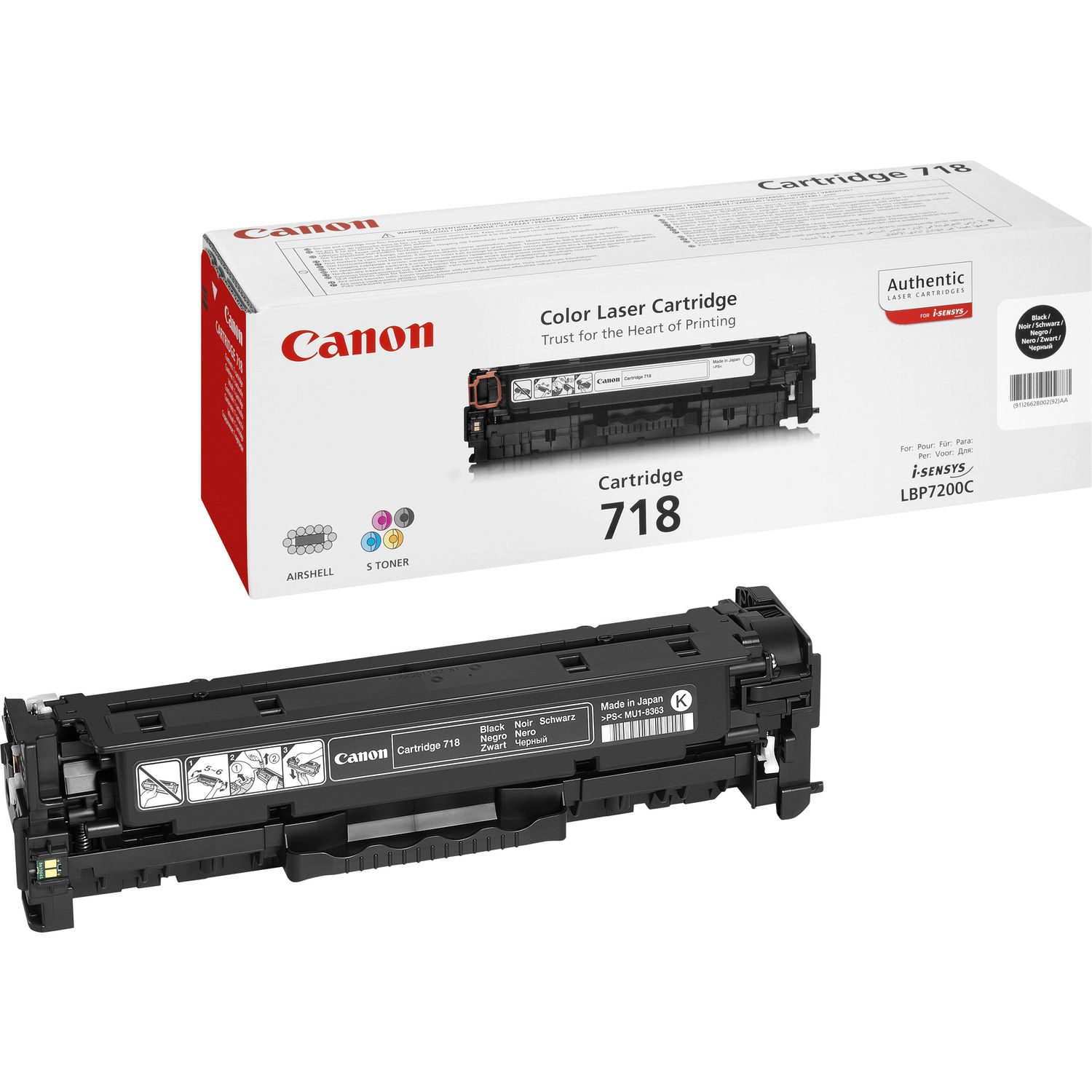 Eine Canon-Kartuschenbox und -Kartusche. Die Box hat Text und Grafiken.