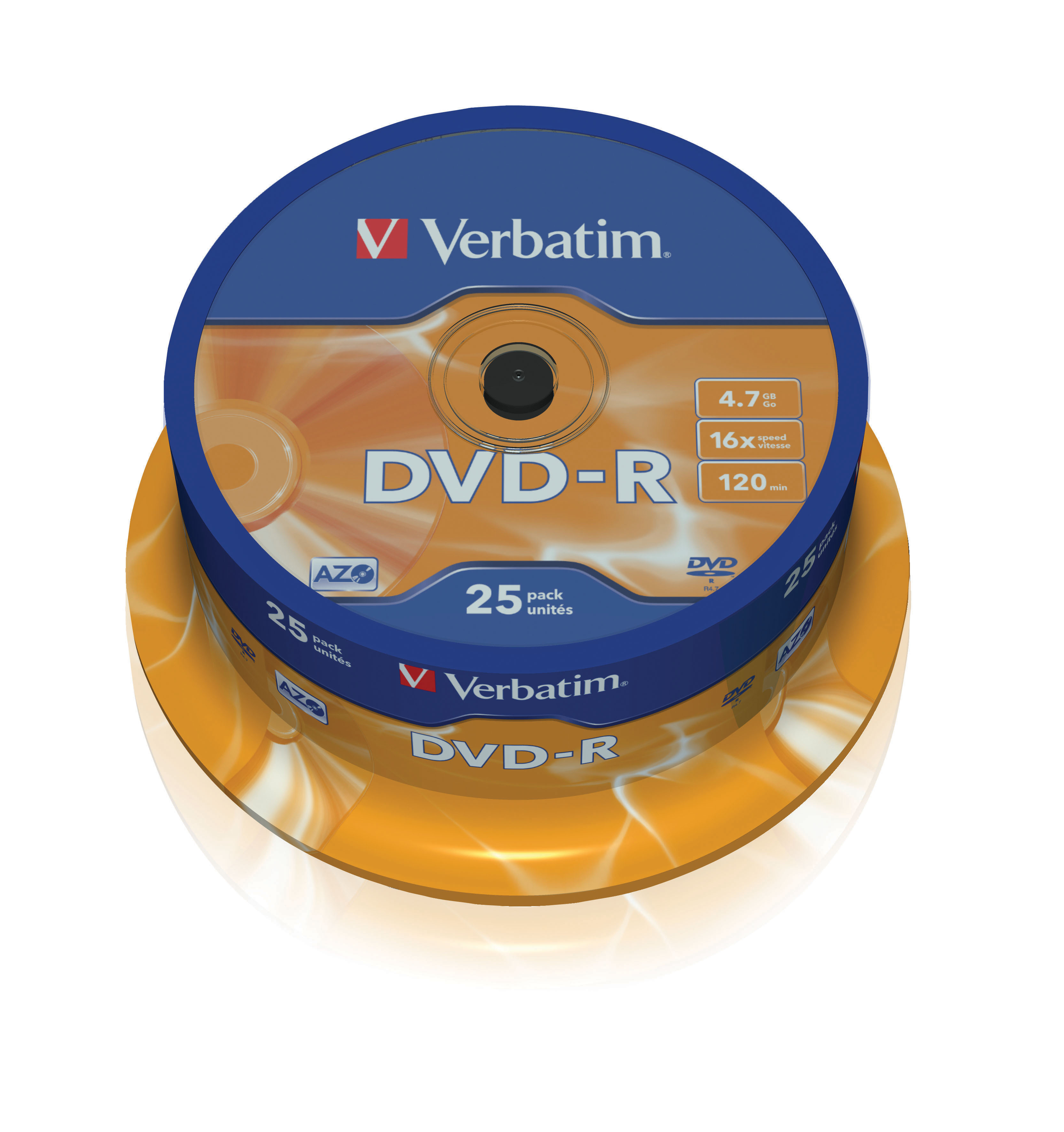 Stapel von DVDs in einem gelben Gehäuse. Die DVDs sind mit 'DVD-R' und 'Verbatim' beschriftet.