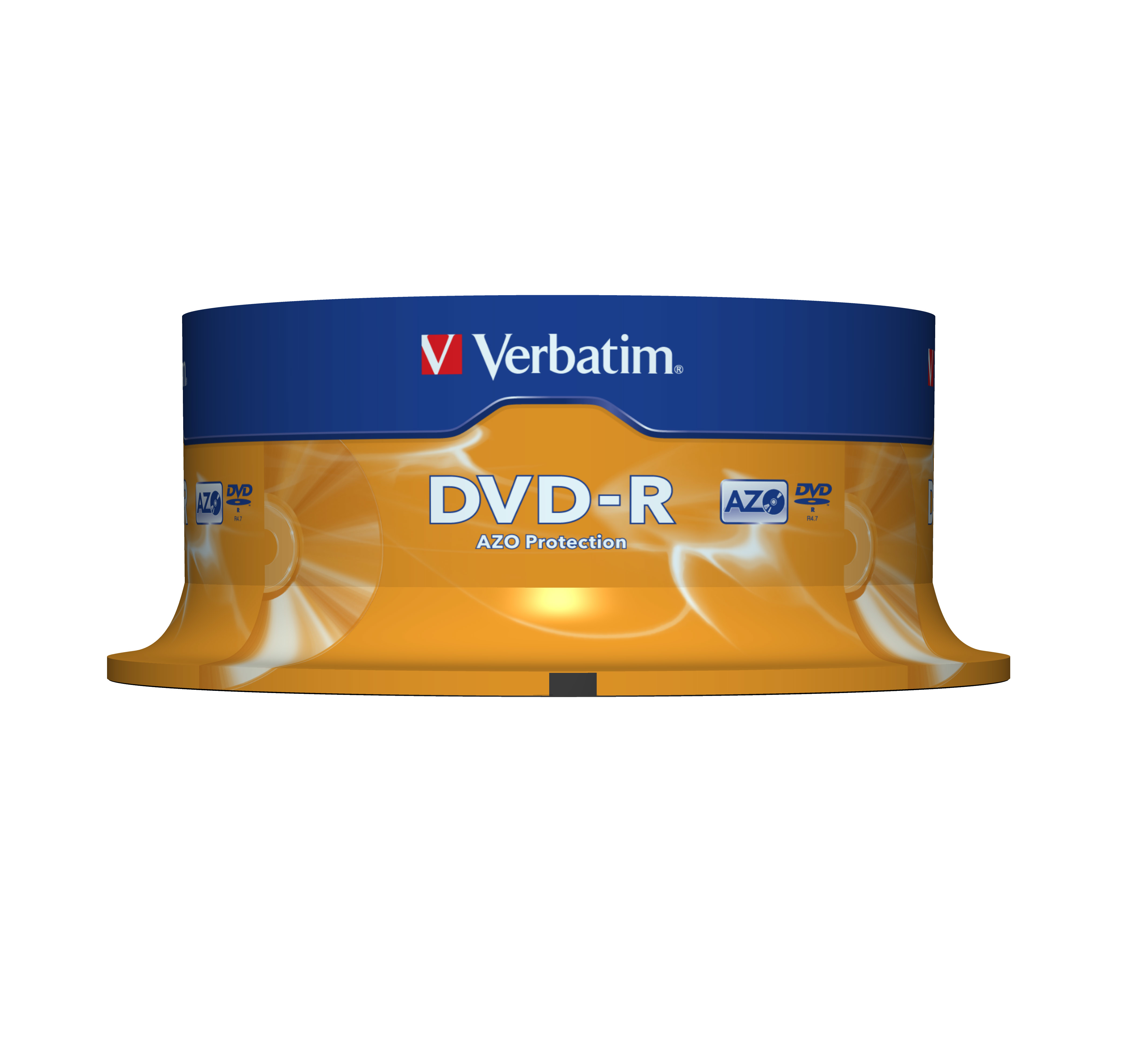Ein Stapel DVD-R-Discs mit orange-blauem Verbatim-Etikett.