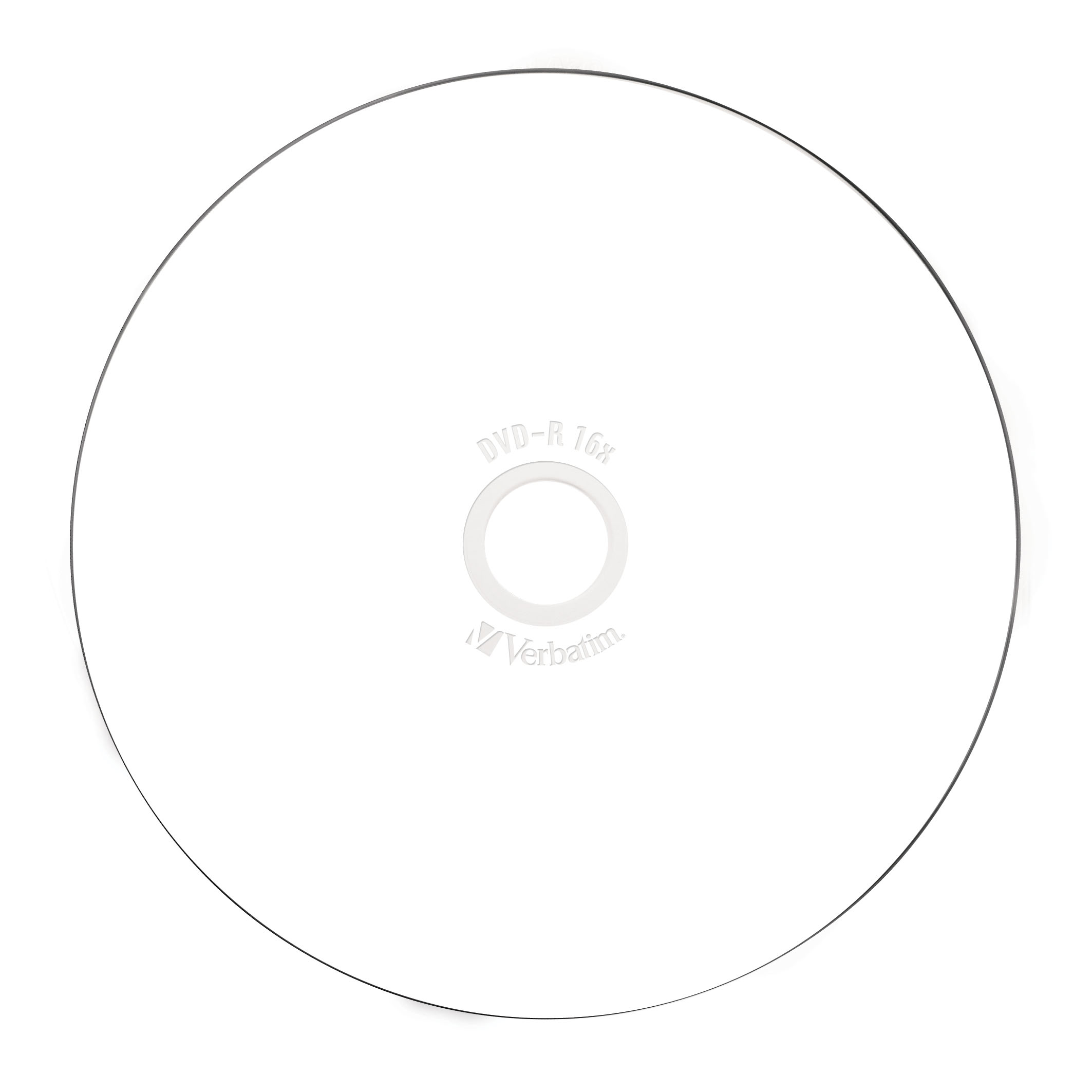 Eine weiße DVD-R-Disc mit dem Verbatim-Logo und Text, isoliert auf Weiß.