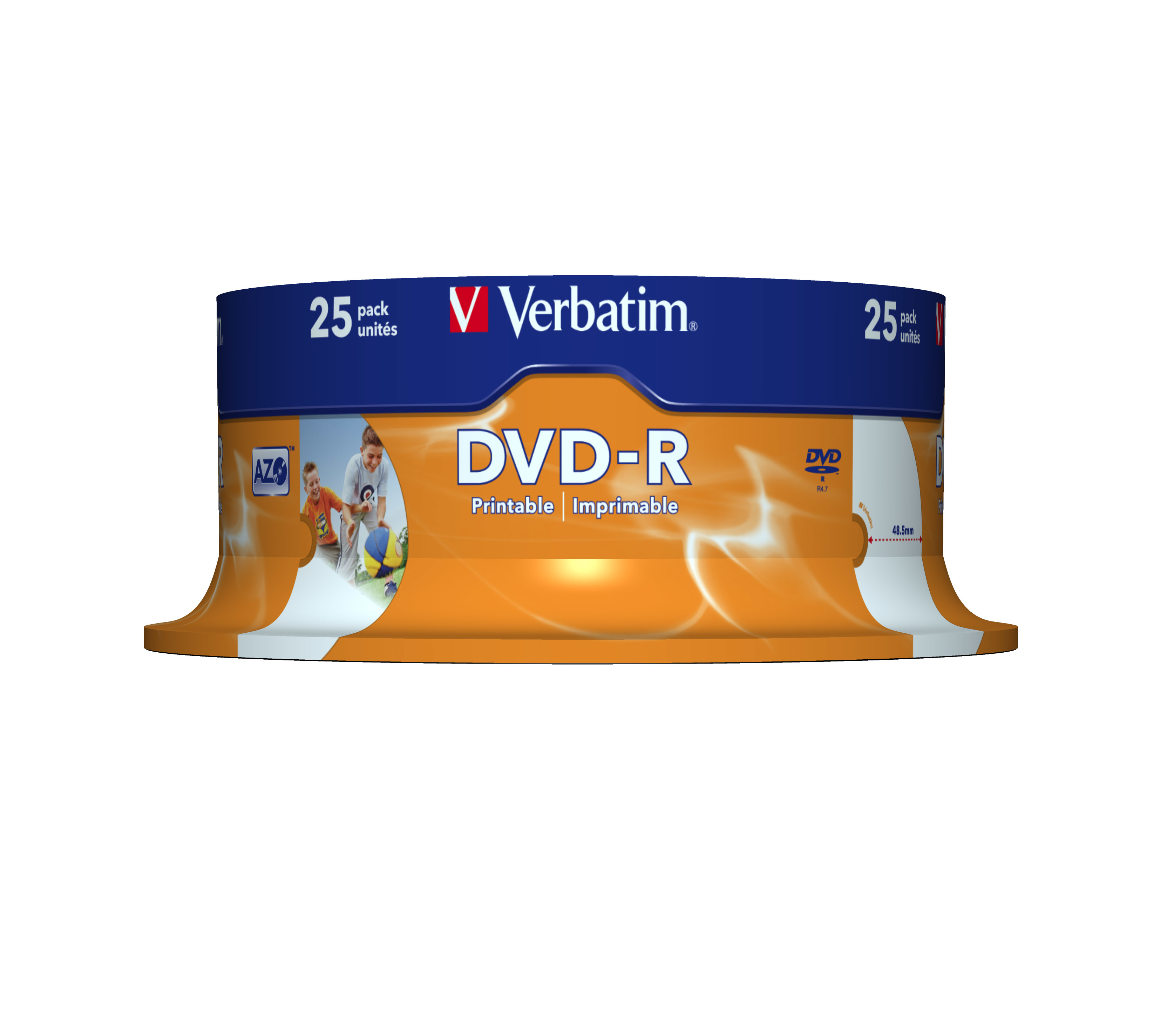 Ein Stapel Verbatim DVD-R-Discs in einer blau-orangenen Verpackung.