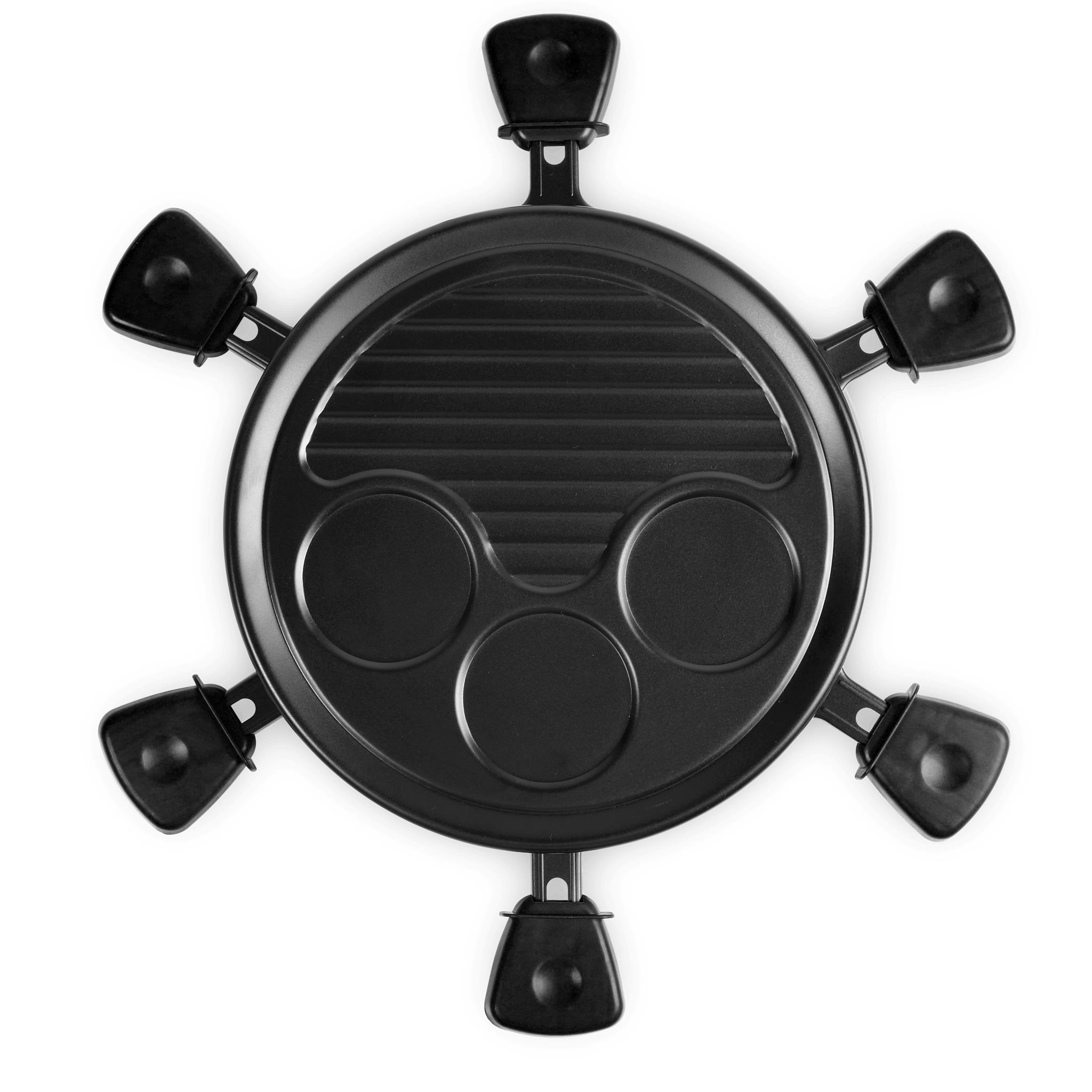 Draufsicht auf einen schwarzen Raclette-Grill. Der Grill hat eine runde Kochfläche mit Griffen und einzelnen Pfännchen.