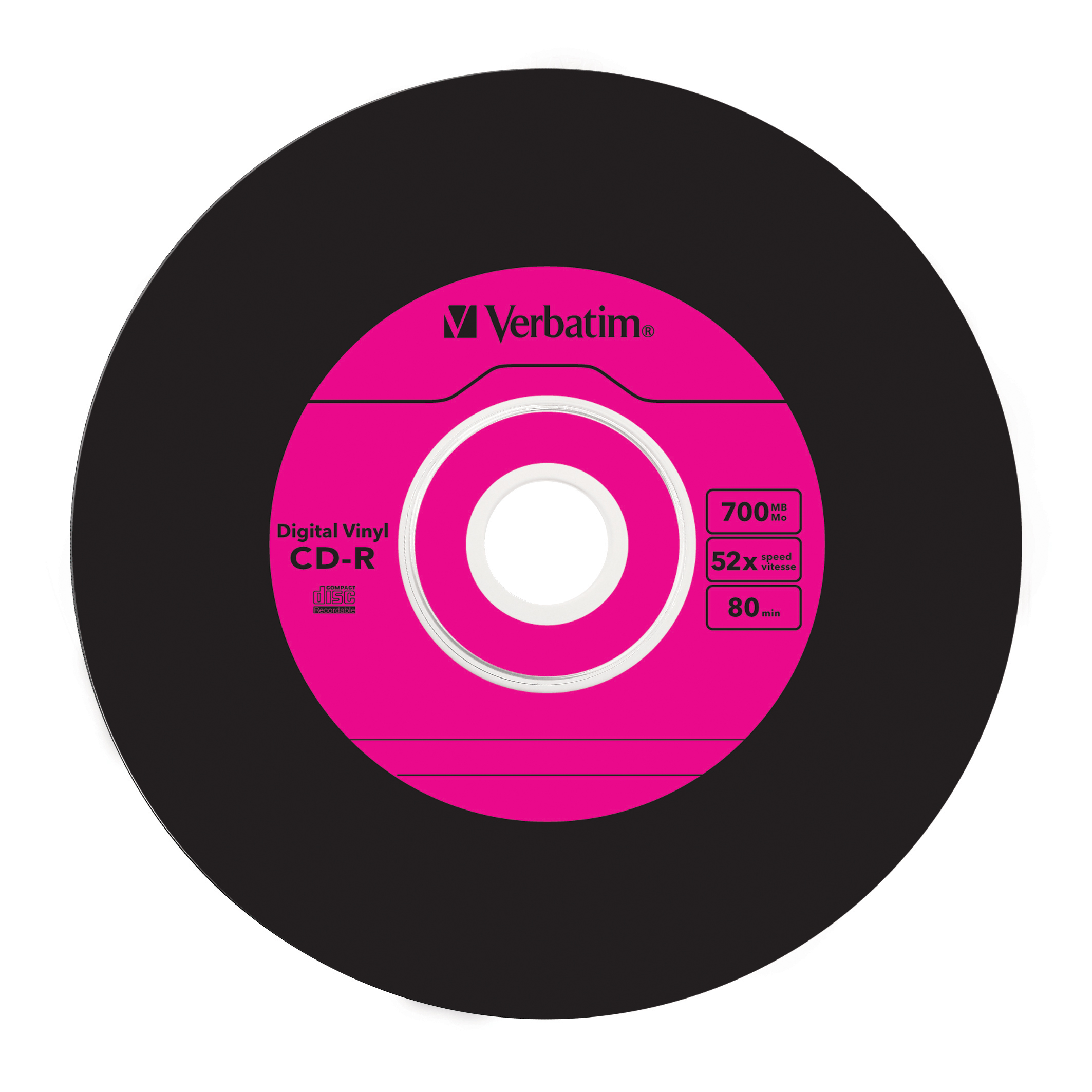 Eine schwarze CD-R-Disc mit pinkfarbenem Etikett, das Verbatim-Logo ist sichtbar.