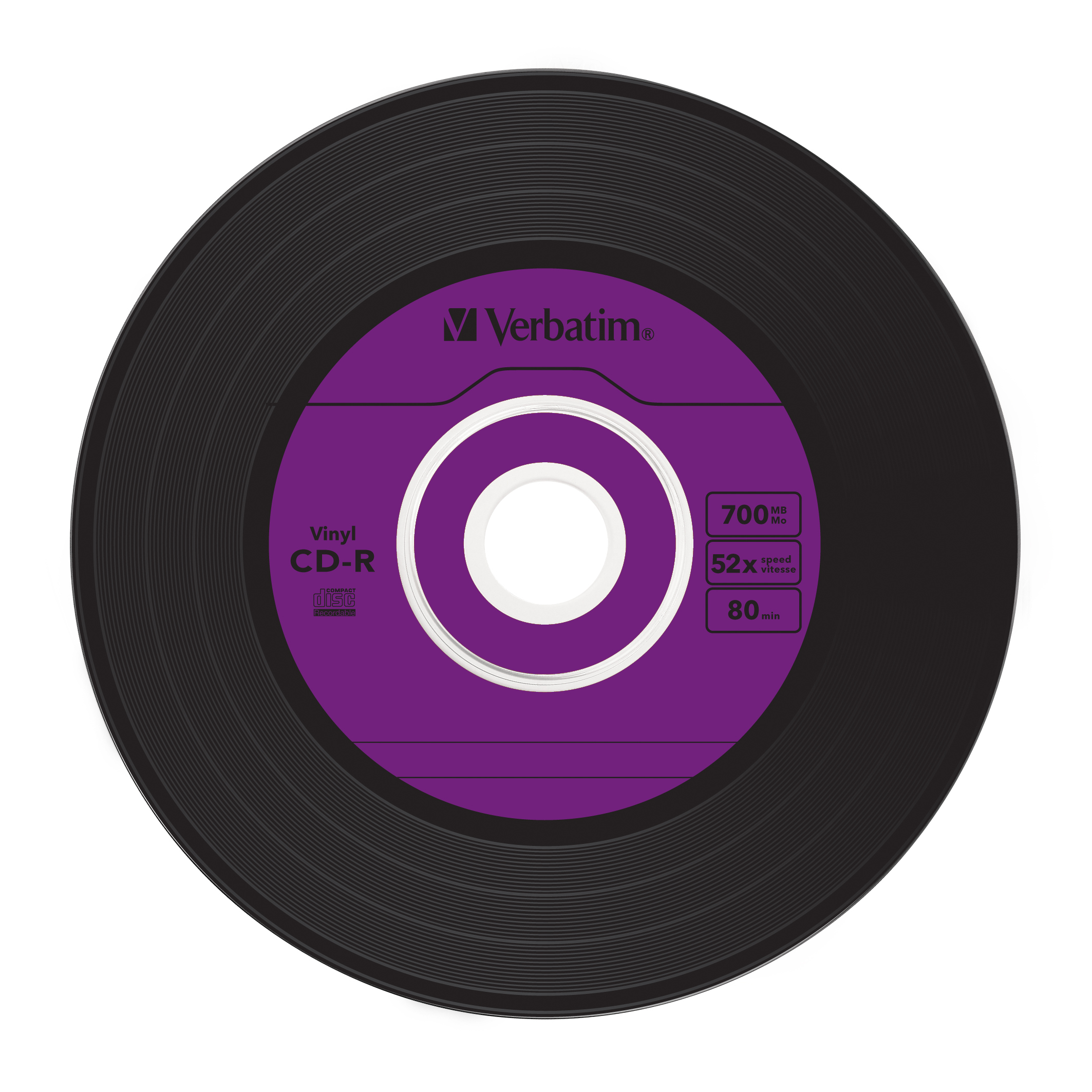 Schwarze Vinyl-CD-R-Scheibe mit lila Etikett, zeigt Text und grafische Elemente.