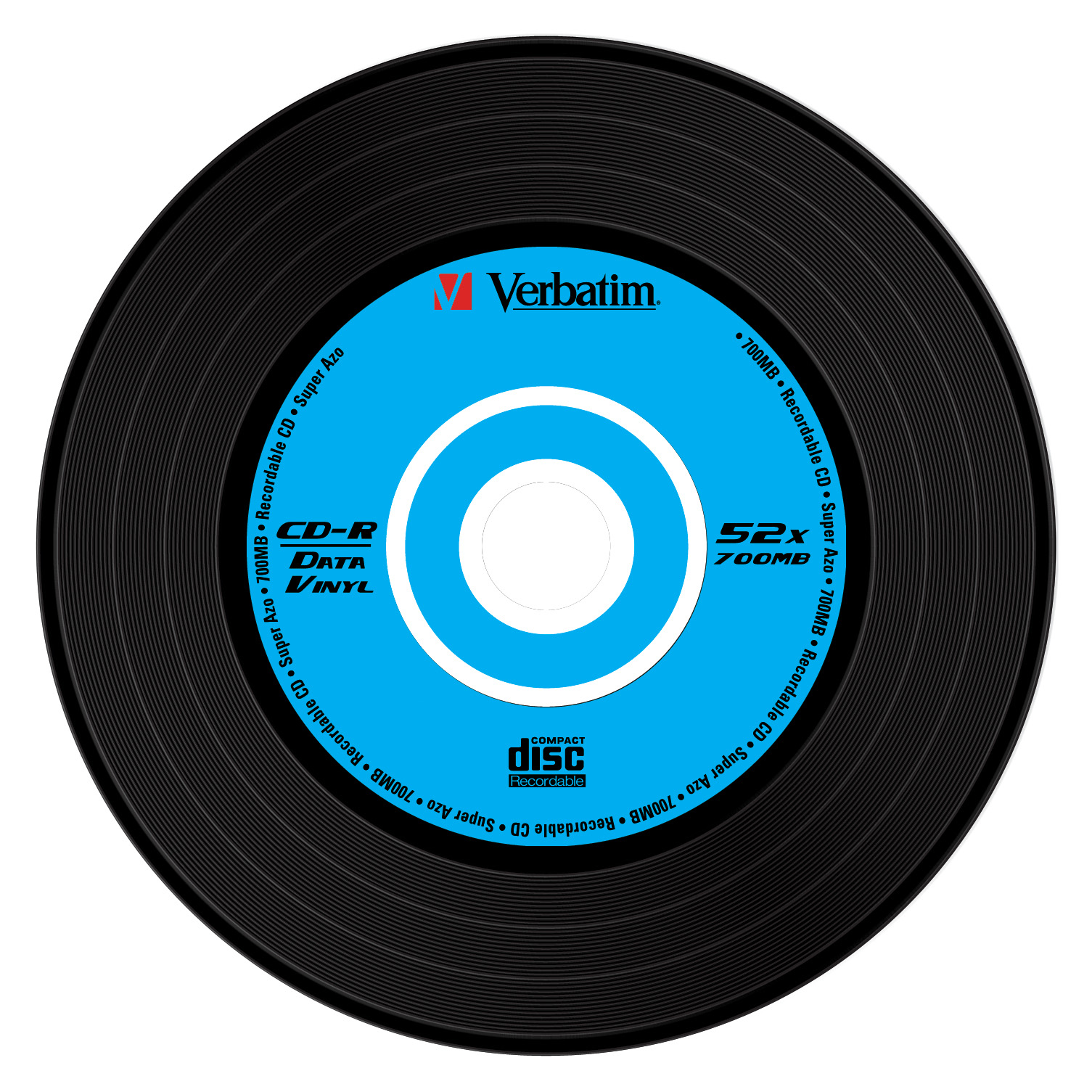 Eine Vinyl-Schallplatte mit blauem Mittellabel, das mit 'CD-R DATA VINYL' gekennzeichnet ist.