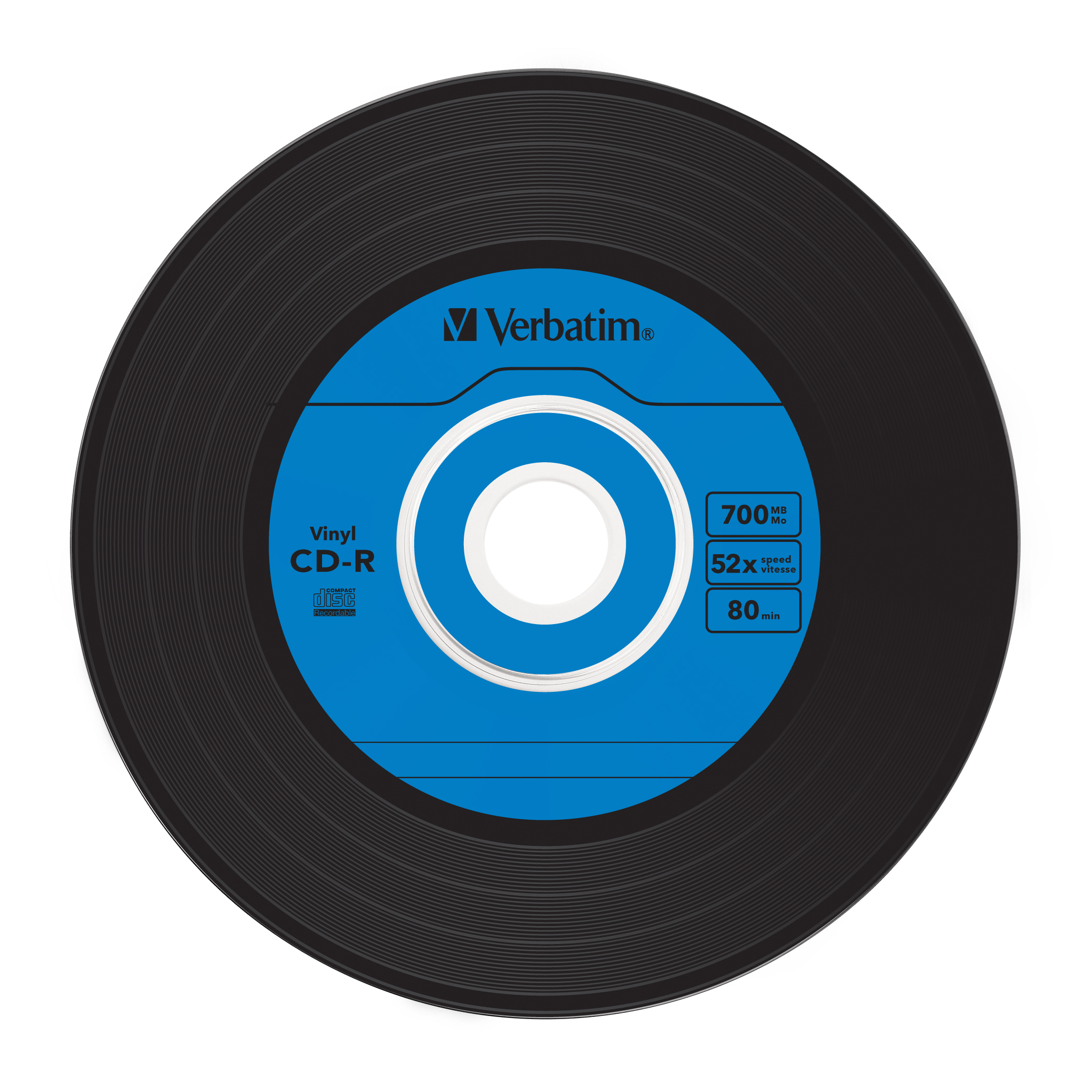 Vinyl CD-R Disc. Schwarz mit blauem Mittellabel mit Text: Vinyl CD-R, Verbatim.