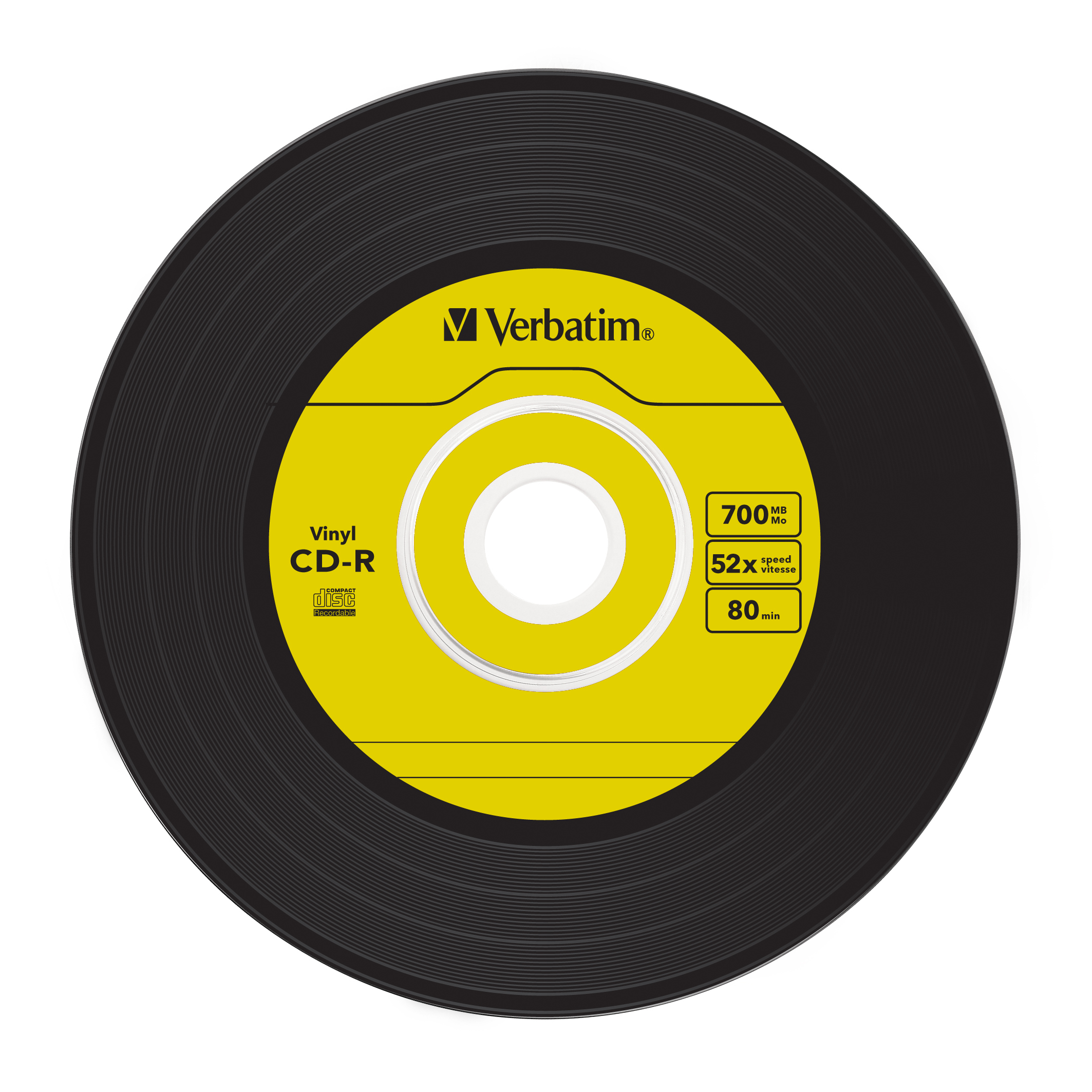 Schwarze Vinyl-CD-R-Disc mit gelbem Label.