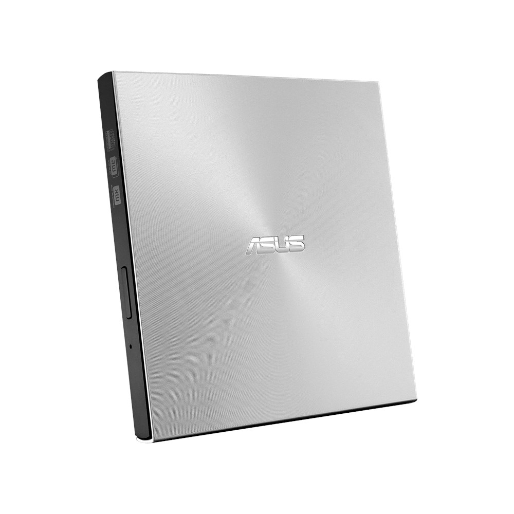 Silbernes externes ASUS DVD-Laufwerk, angewinkelt auf weißer Oberfläche, mit ASUS-Logo.