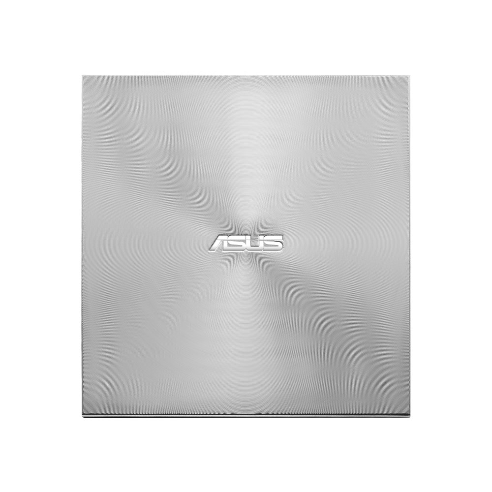Silberner Laptoprücken mit ASUS-Logo auf weißer Oberfläche. Die Oberfläche hat ein strukturiertes, konzentrisches Kreismuster.