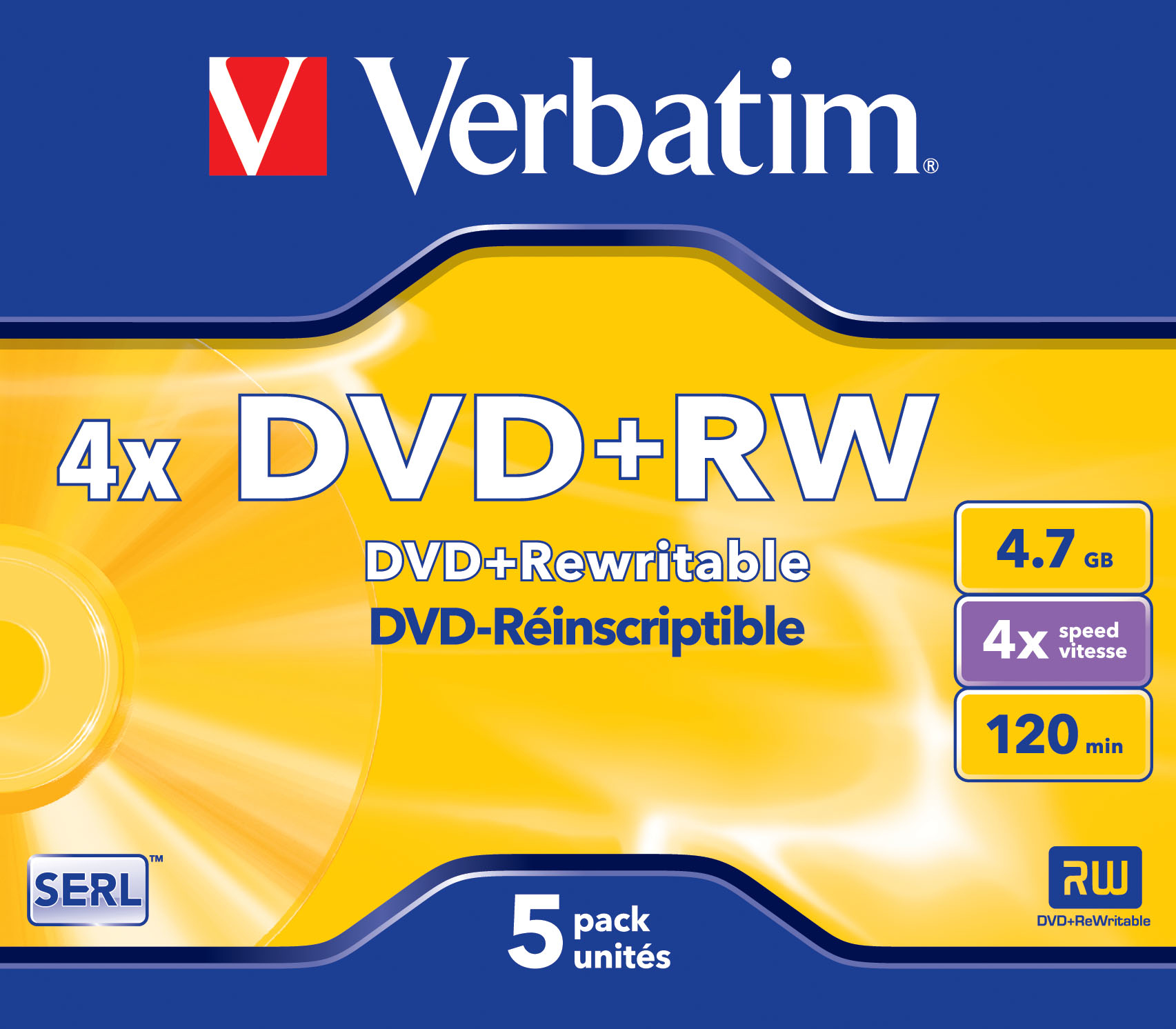 DVD+RW-Disc-Pack mit Text, der Kapazität, Geschwindigkeit und Aufnahmezeit angibt.