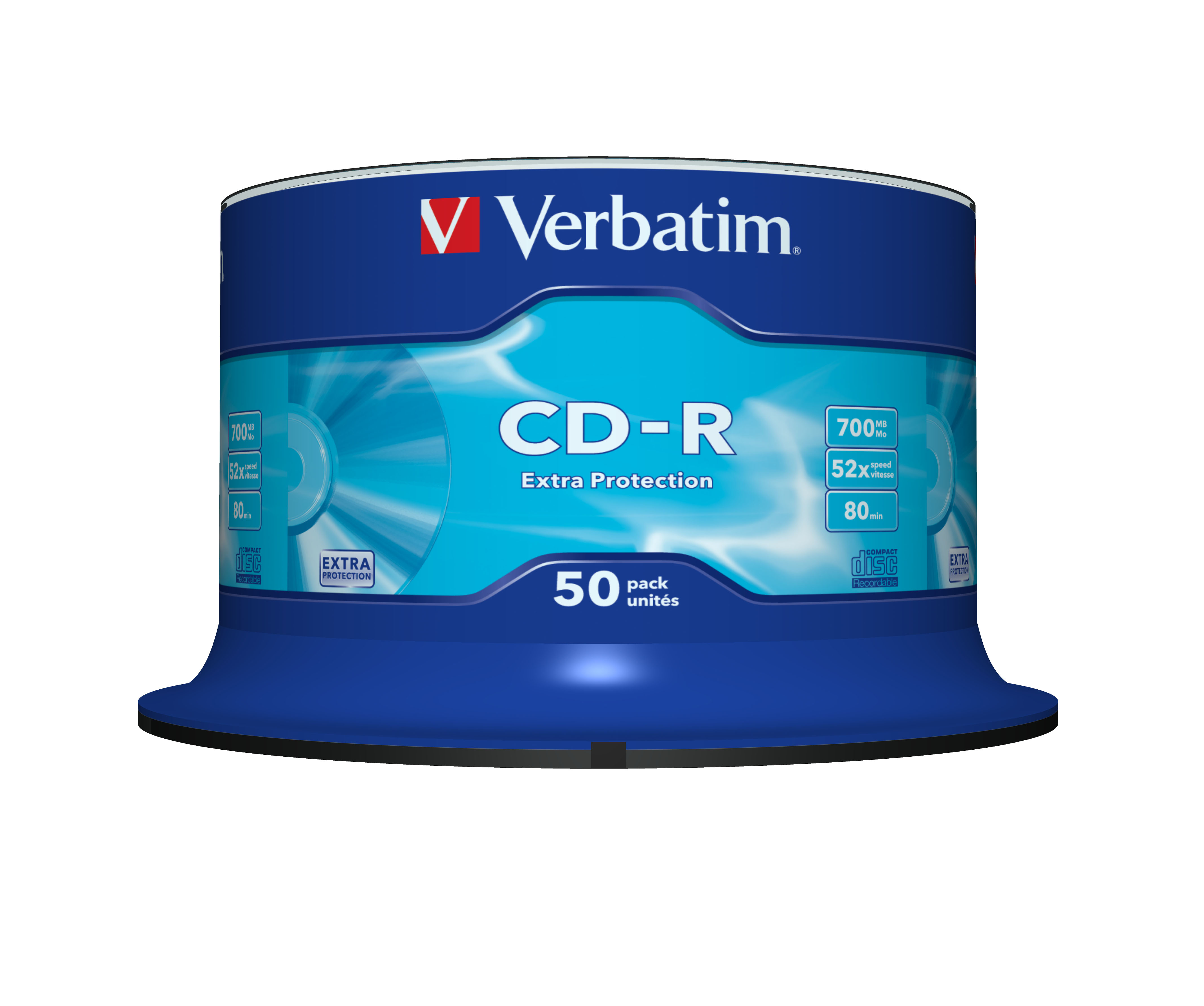 Eine blaue Verbatim CD-R-Disc-Verpackung mit Text und Symbolen.