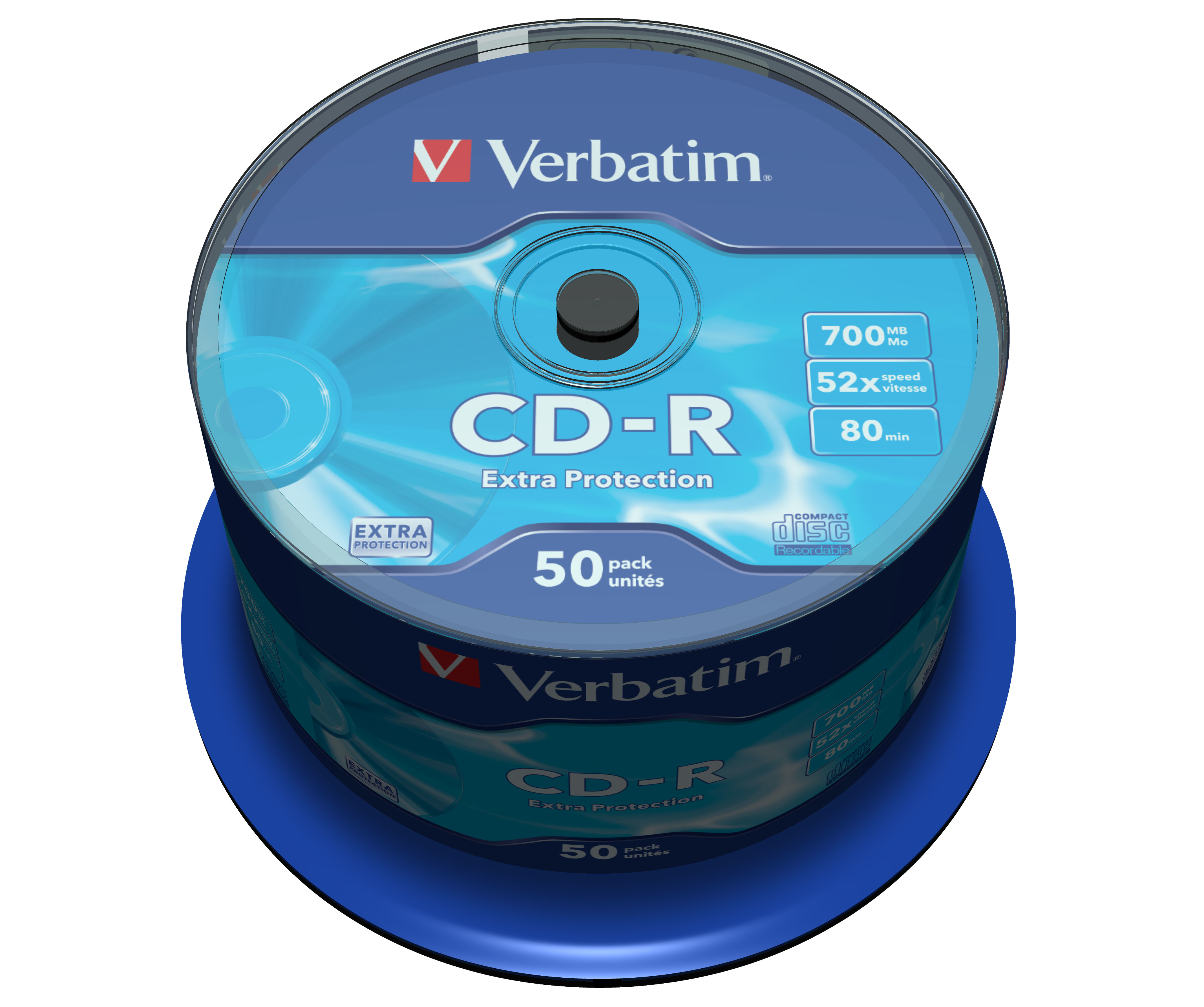 Stapel von CDs in einem blauen Gehäuse. 'Verbatim'-Logo sichtbar.
