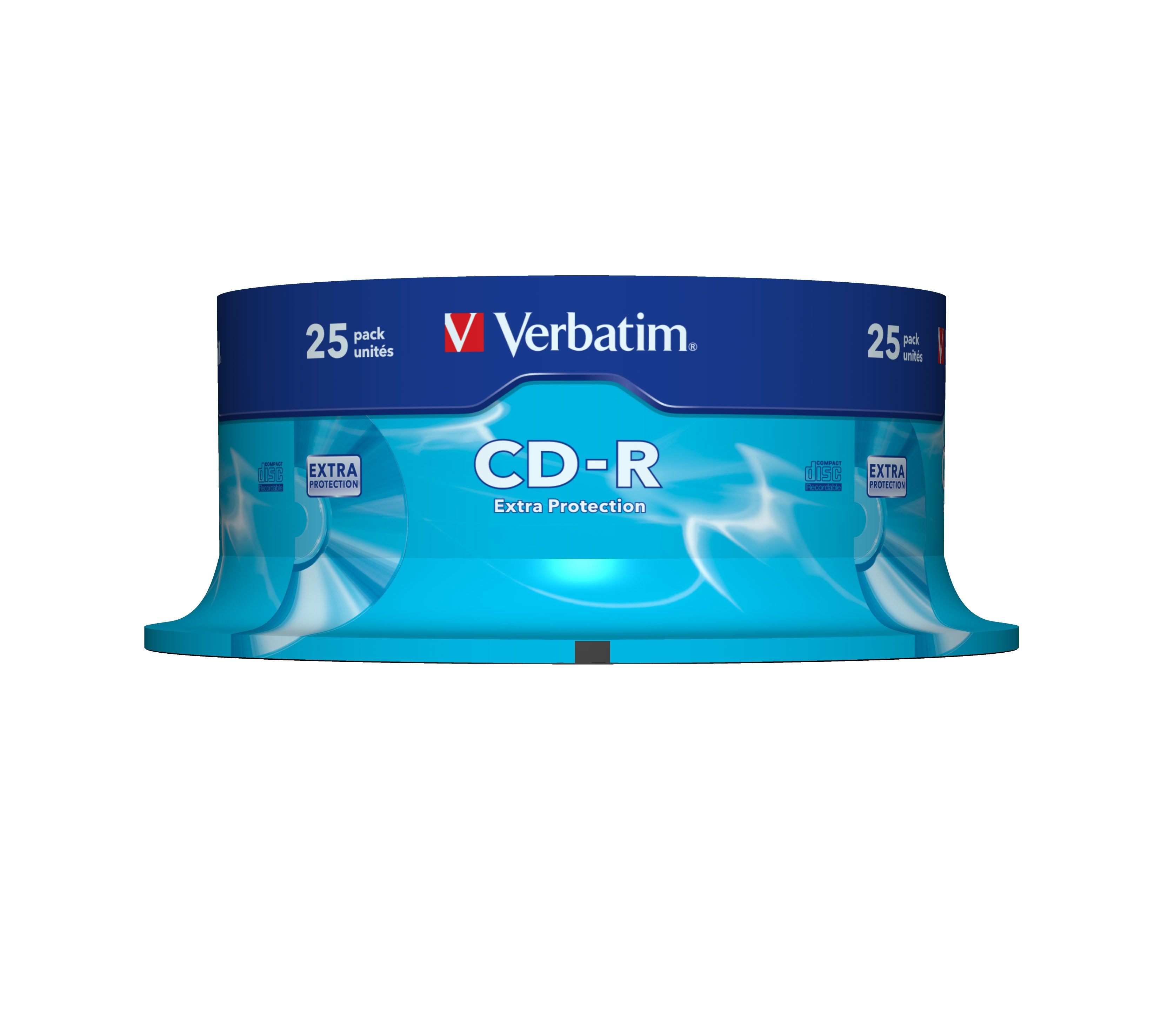 Ein Stapel CD-R-Discs in einer blau-weißen Verbatim-Verpackung. Text: CD-R Extra Protection.