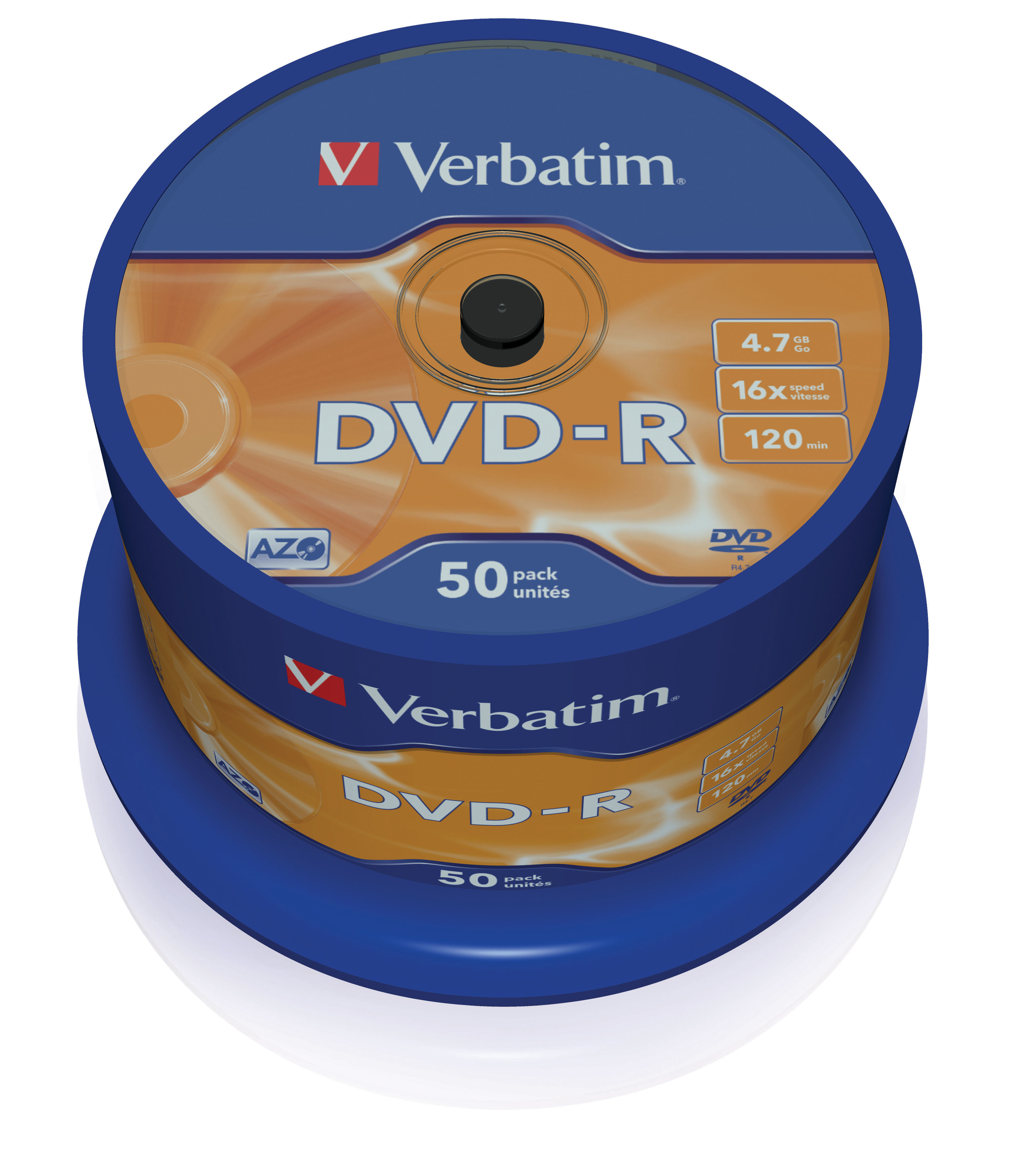 Stapel von Verbatim DVD-R-Discs. Blaue und orangefarbene Farben. Weißer Hintergrund.