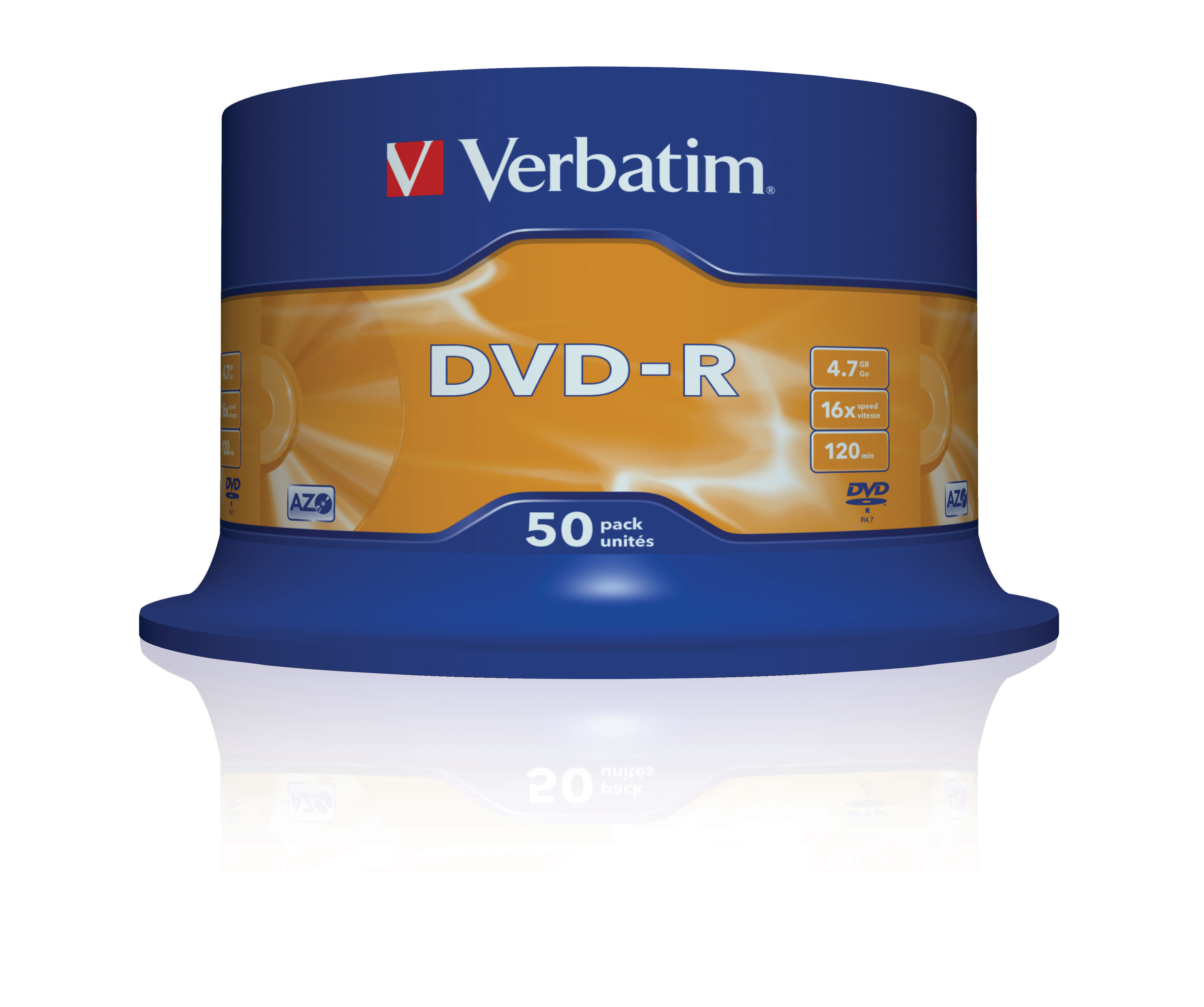 Verbatim DVD-R Spindel, blauer Deckel mit orangefarbenem Etikett und reflektierender Oberfläche.