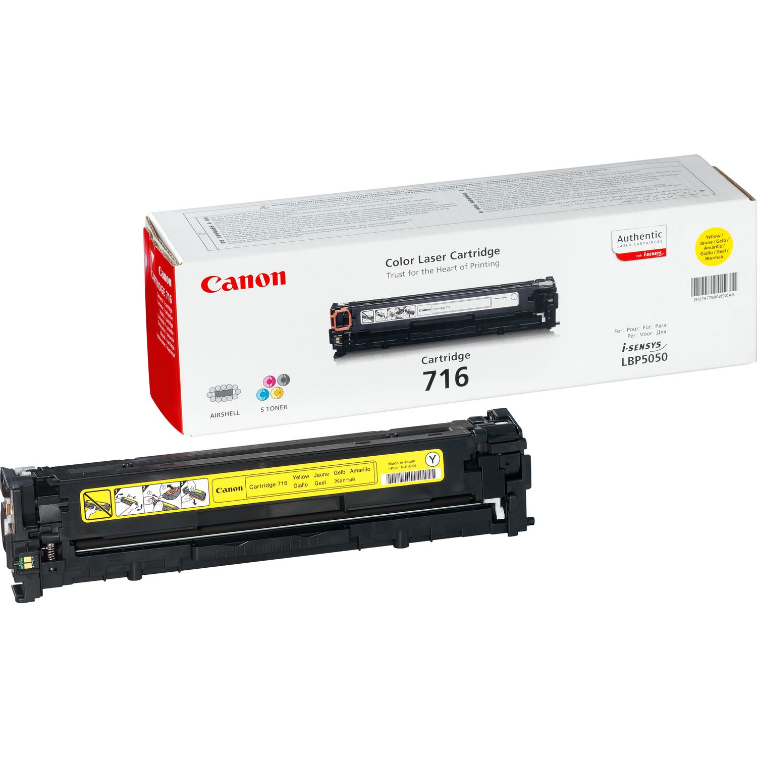 Eine Canon Farblaserkartusche mit Box und Kartusche.
