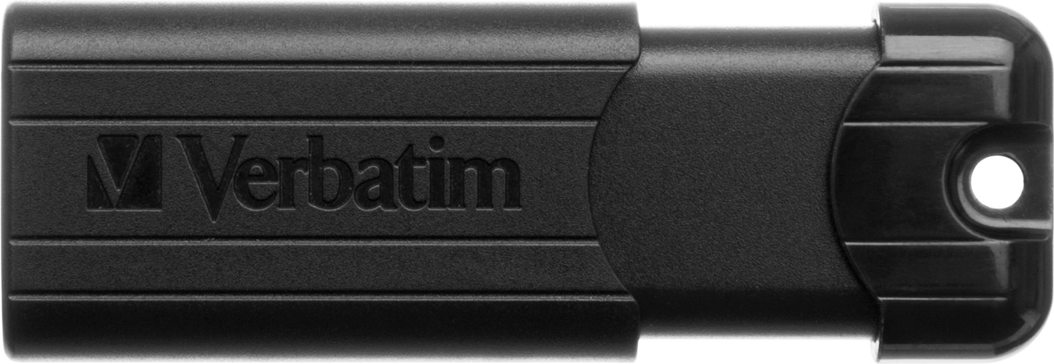 Schwarzer Verbatim USB-Stick. Logo und Text oben. Der Stick ist überwiegend rechteckig.