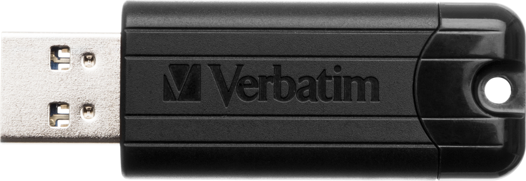 Schwarzer USB-Stick von Verbatim mit Logo. Der Stecker ist silber.