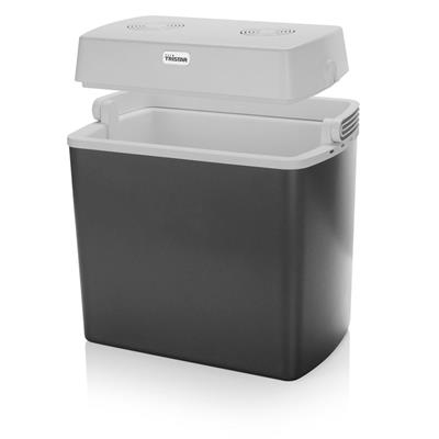Eine tragbare Kühlbox in Schwarz und Grau, der Deckel ist geöffnet.