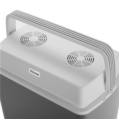 Weiß-graue tragbare Kühlbox mit Griff und zwei Lüfteröffnungen. Weißer Hintergrund.
