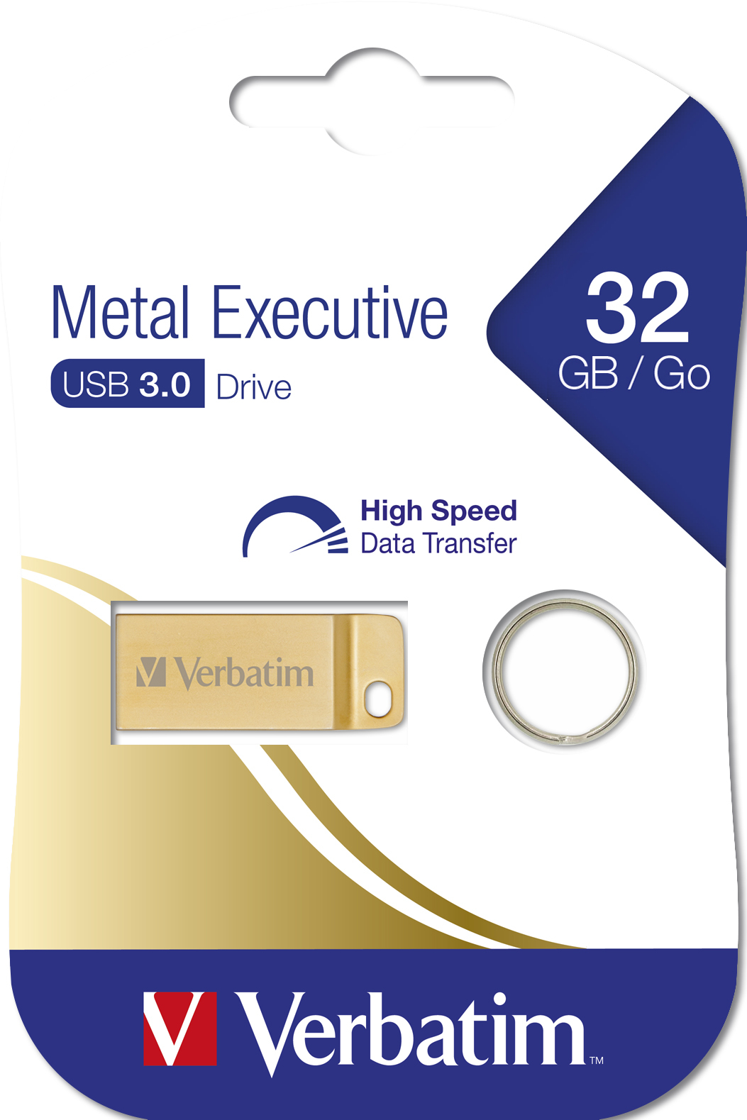 Goldener USB 3.0-Stick mit Ring. Die Verpackung hat das Verbatim-Logo.