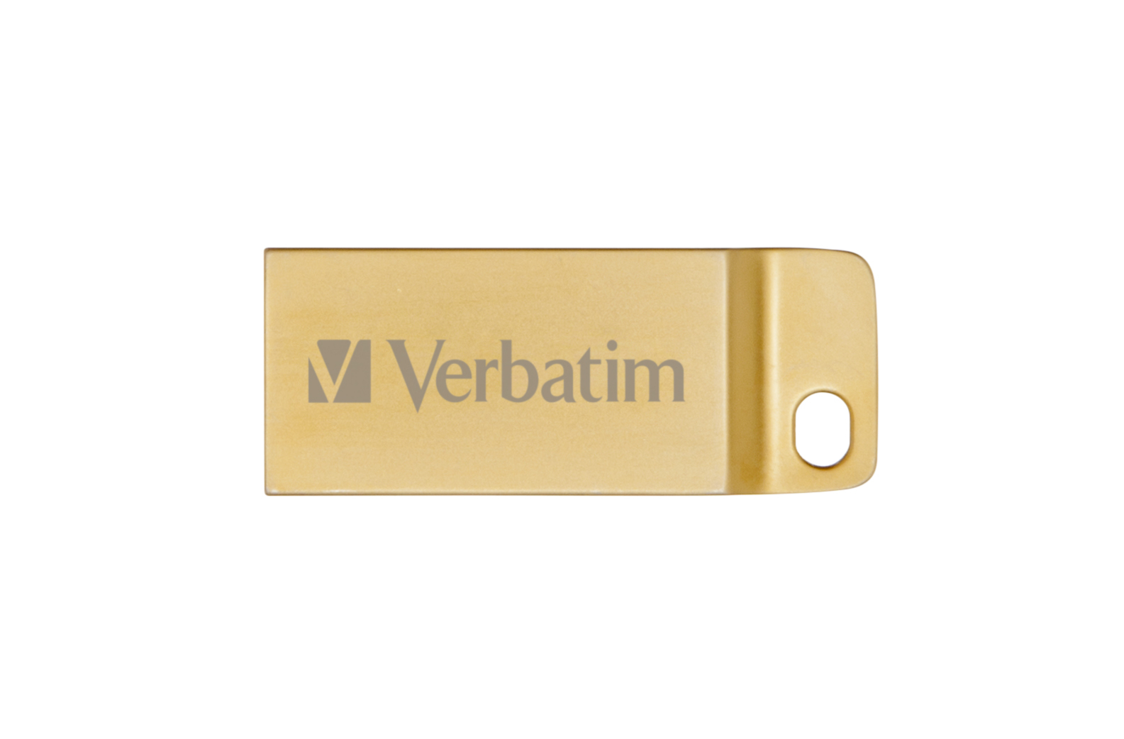 Goldener Verbatim USB-Stick auf weißem Hintergrund. Das Verbatim-Logo ist aufgedruckt.