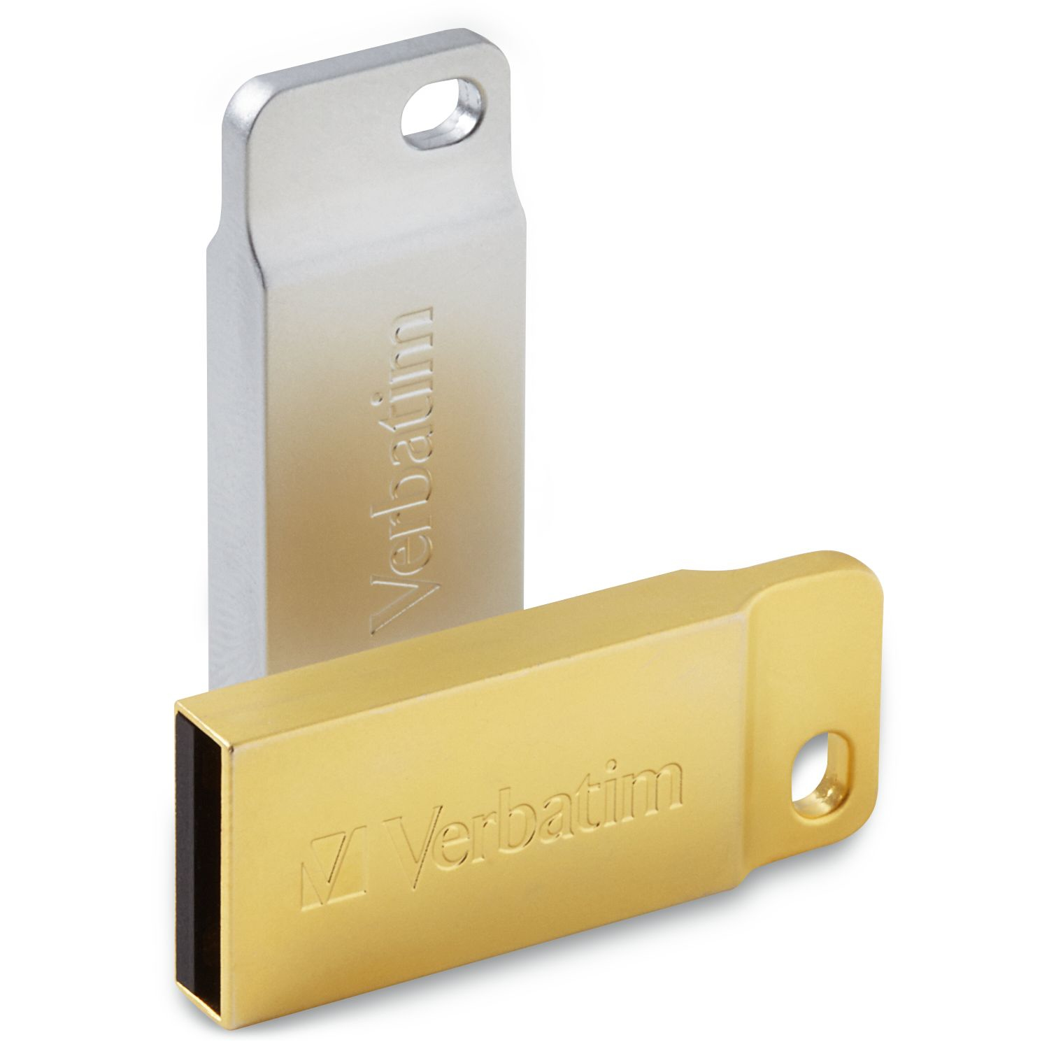 Zwei Verbatim USB-Flash-Laufwerke, eines silberfarben, eines goldfarben, isoliert auf Weiß.