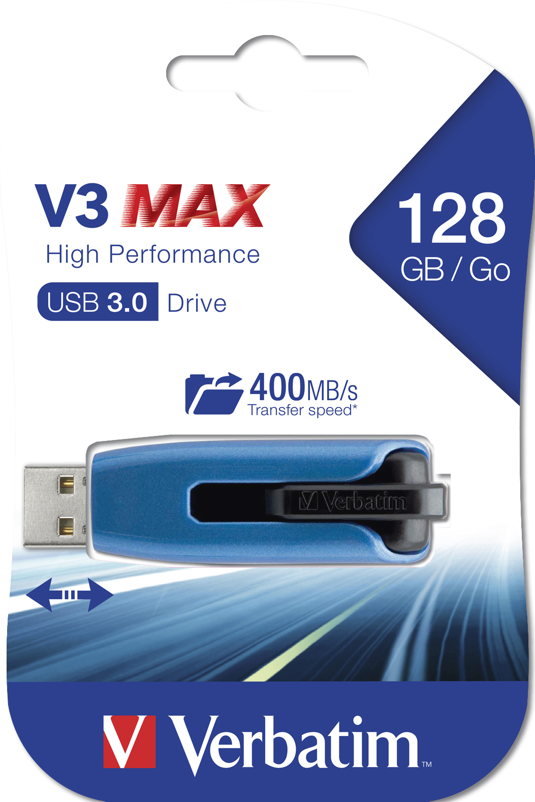 USB-Stick-Verpackung mit blauem USB-Stick, Text 'V3 MAX' und einer Übertragungsgeschwindigkeit von 400MB/s.