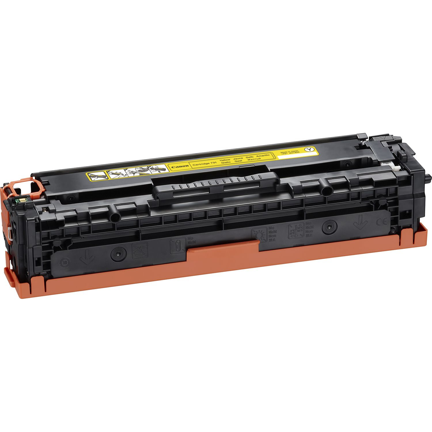 Canon-Patrone mit gelber Tinte, orangefarbenen Akzenten und schwarzen Komponenten.
