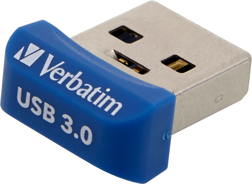 Ein blauer Verbatim USB 3.0-Stick mit weißem Logo und Text. Der Metallanschluss ist sichtbar.