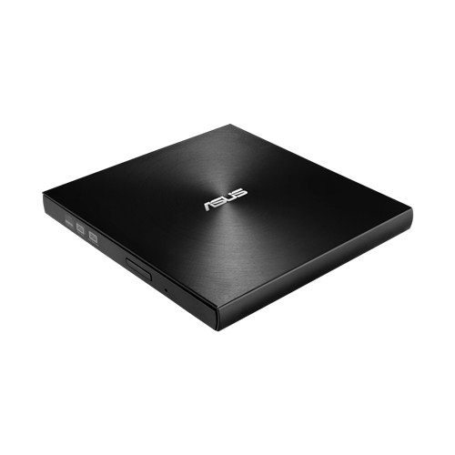 Schwarzes externes ASUS DVD-Laufwerk. Das Laufwerk ist geschlossen und auf weißem Grund.