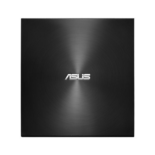 Schwarzes externes ASUS DVD-Laufwerk mit silbernem ASUS-Logo. Oberfläche mit radialem Muster.
