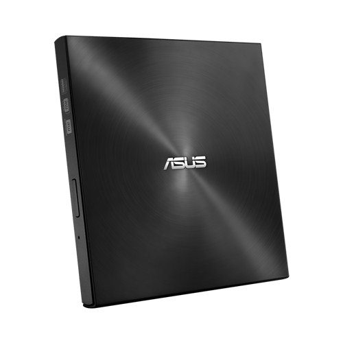 Schwarzes externes ASUS DVD-Laufwerk mit silbernem ASUS-Logo. Oberfläche mit radialem Muster.
