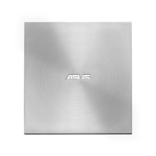 Silbernes externes ASUS DVD-Laufwerk auf weißem Hintergrund, Draufsicht.