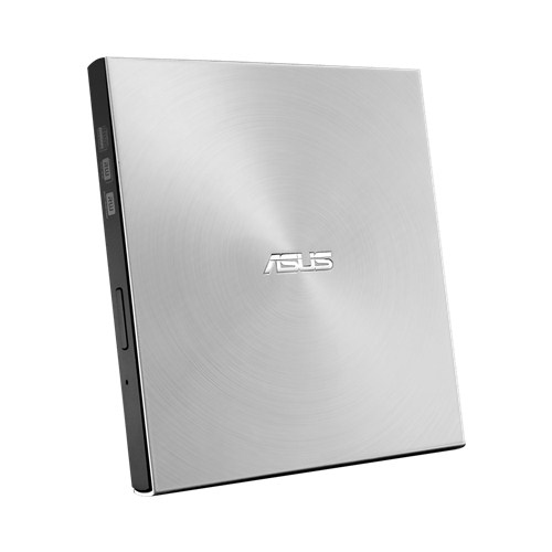 Silbernes externes ASUS DVD-Laufwerk mit schwarzer Seite und ASUS-Logo.