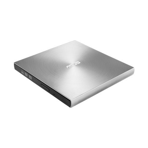 Ein silbernes externes ASUS DVD-Laufwerk auf einer weißen Oberfläche.