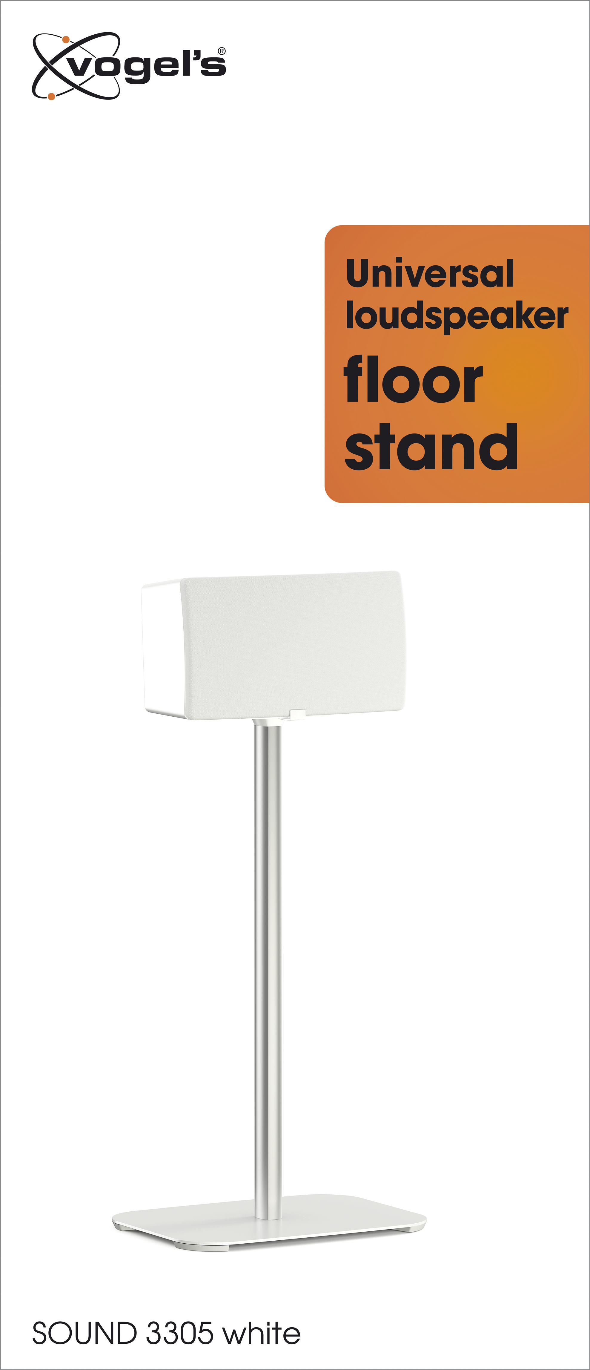 Een witte luidspreker op een zilveren standaard. De tekst luidt 'Universele luidspreker vloerstandaard'.