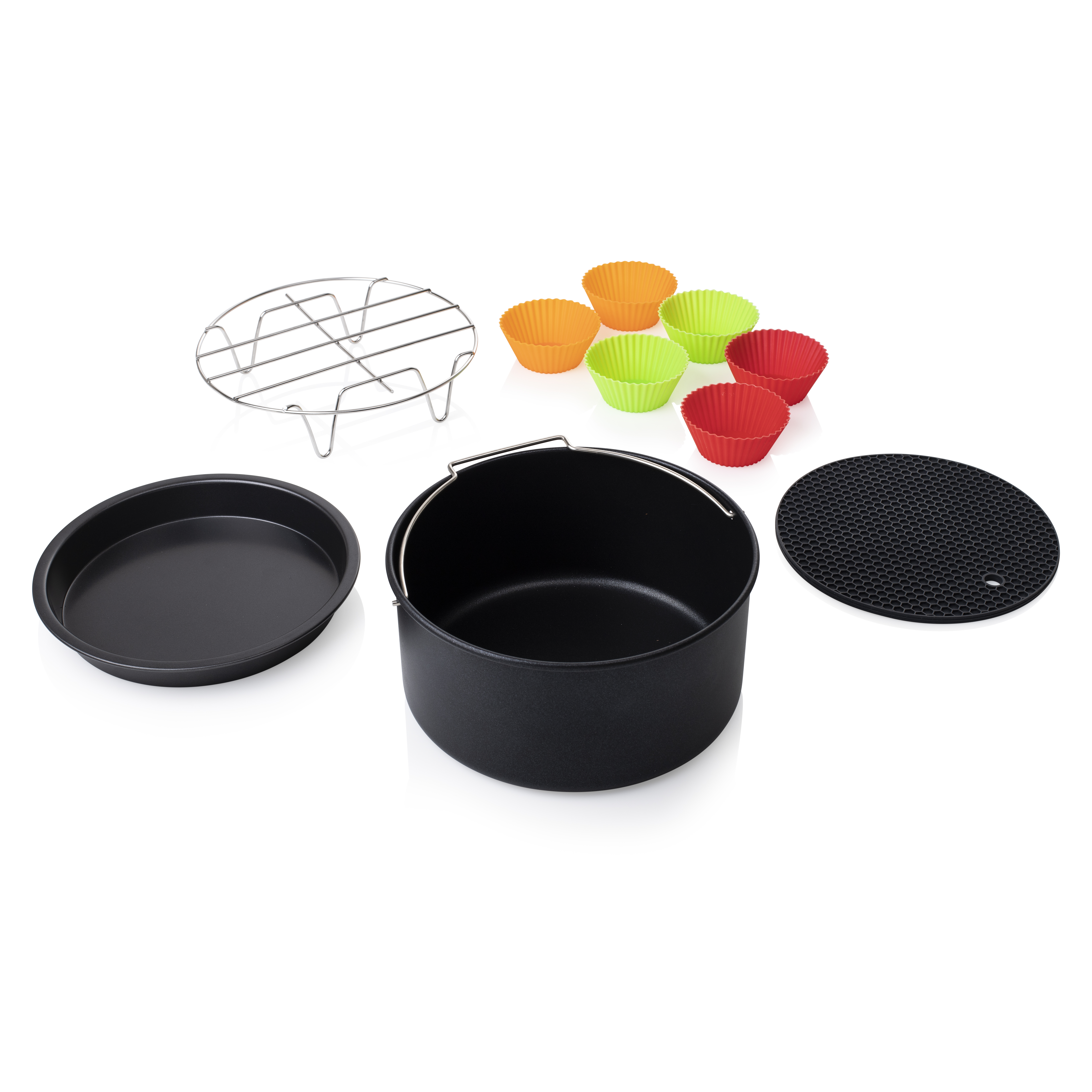 Air fryer accessories: black air fryer, round pan, wire rack, silicone cups, and a black mat.