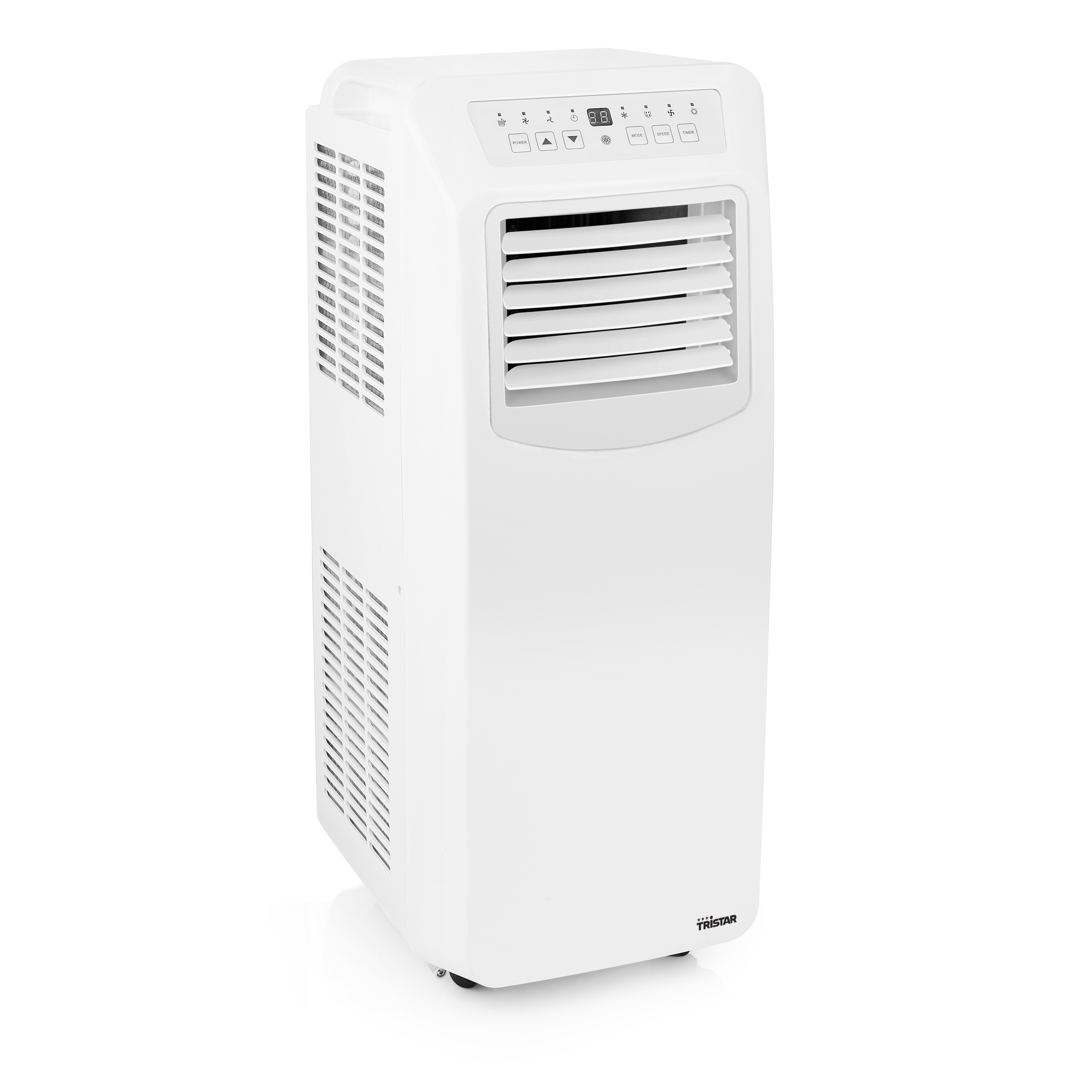 Un climatiseur portable blanc avec le logo Tristar, sur fond blanc.