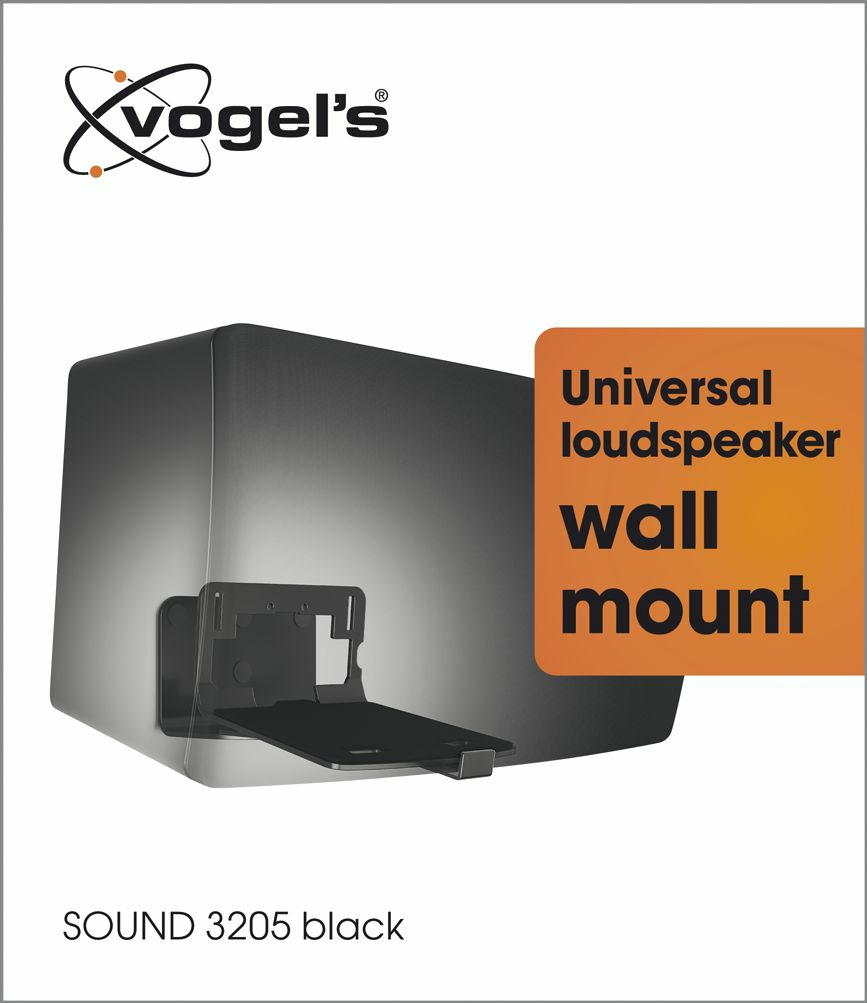 Un support mural pour haut-parleur noir avec le logo et le texte de Vogel's.