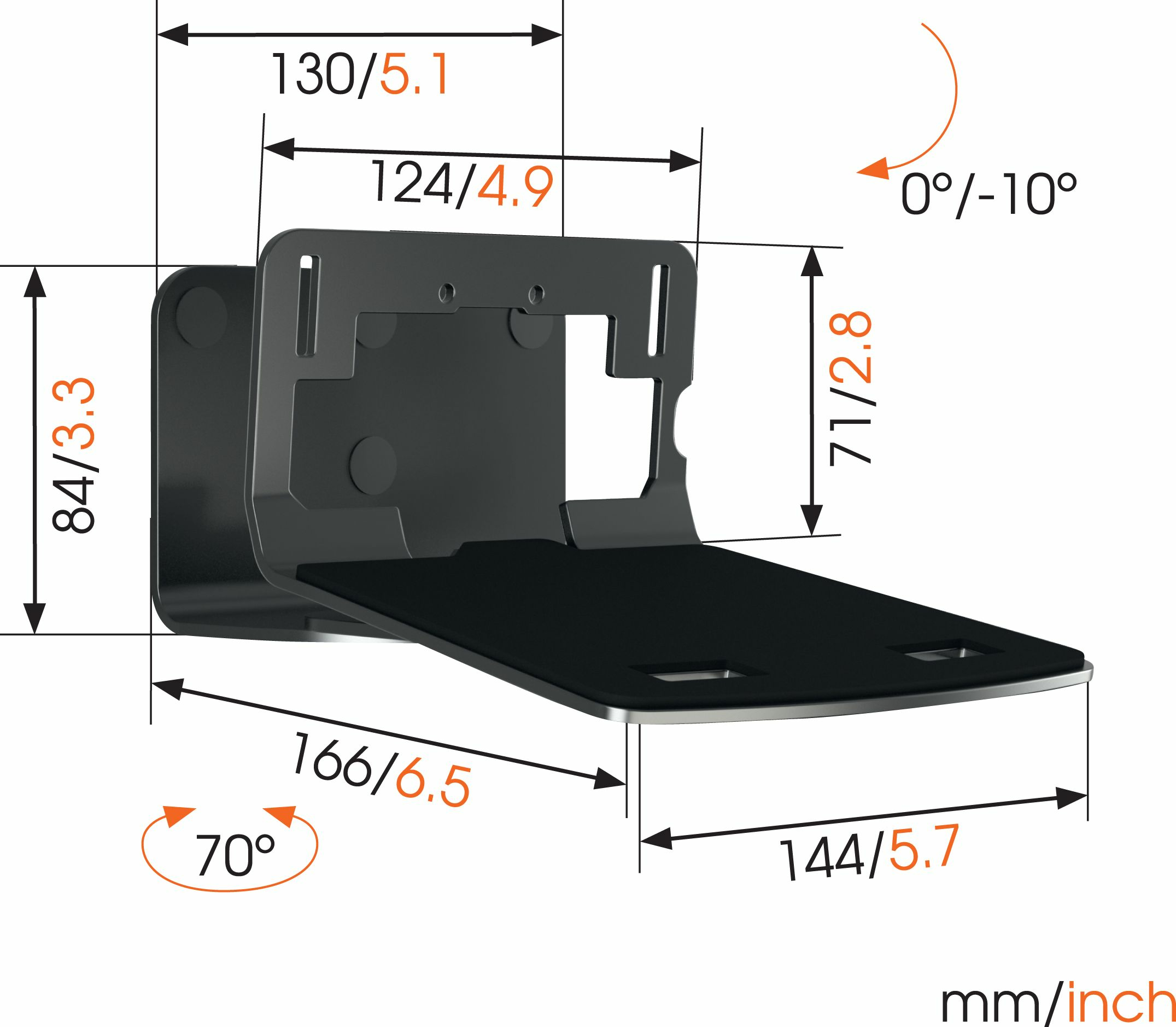 Support noir avec dimensions en mm/pouces pour le montage.