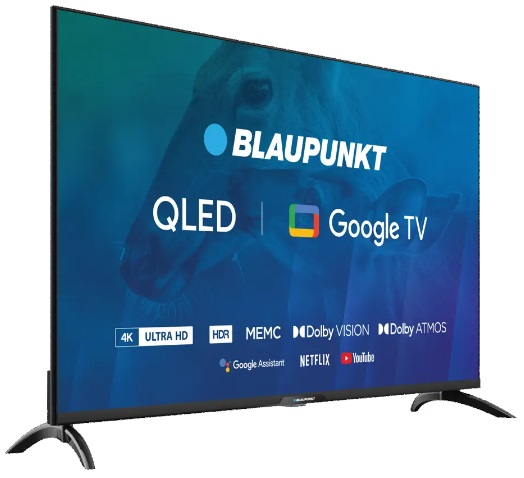 Blaupunkt QLED Google TV, duży telewizor z płaskim ekranem z wizerunkiem jelenia.