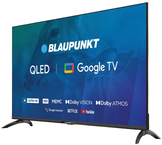 Duży telewizor z logo 'Blaupunkt', 'QLED' i 'Google TV'.