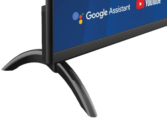 Stojak TV z Asystentem Google i YouTube. Czarne nogi, niebieski ekran, białe tło.