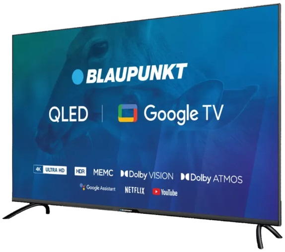 Telewizor Google QLED Blaupunkt z widocznymi funkcjami i marką, na białym tle.