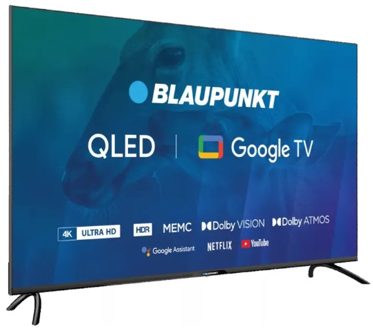 Telewizor Blaupunkt QLED Google TV na stojaku, pokazujący funkcje i logo.