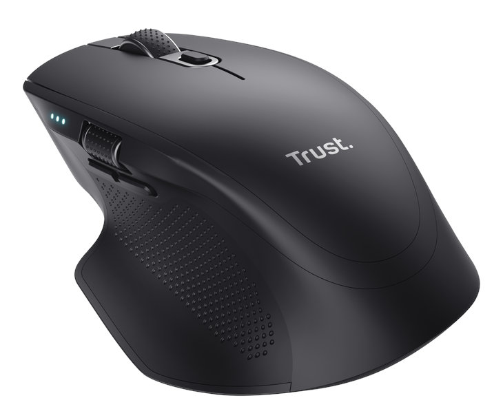 Czarna mysz ergonomiczna z przyciskami i kółkiem przewijania. Białe tło. Logo Trust u góry.
